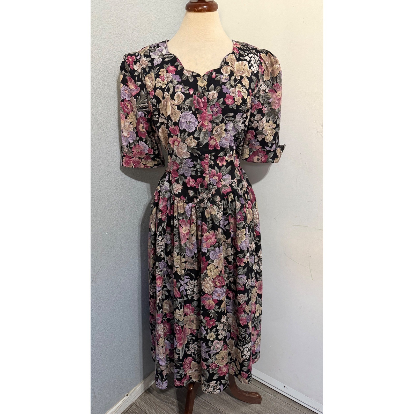 Miss Dorby Vintage 90s Floral Midi Dress L Black Purple Button Front USA Made