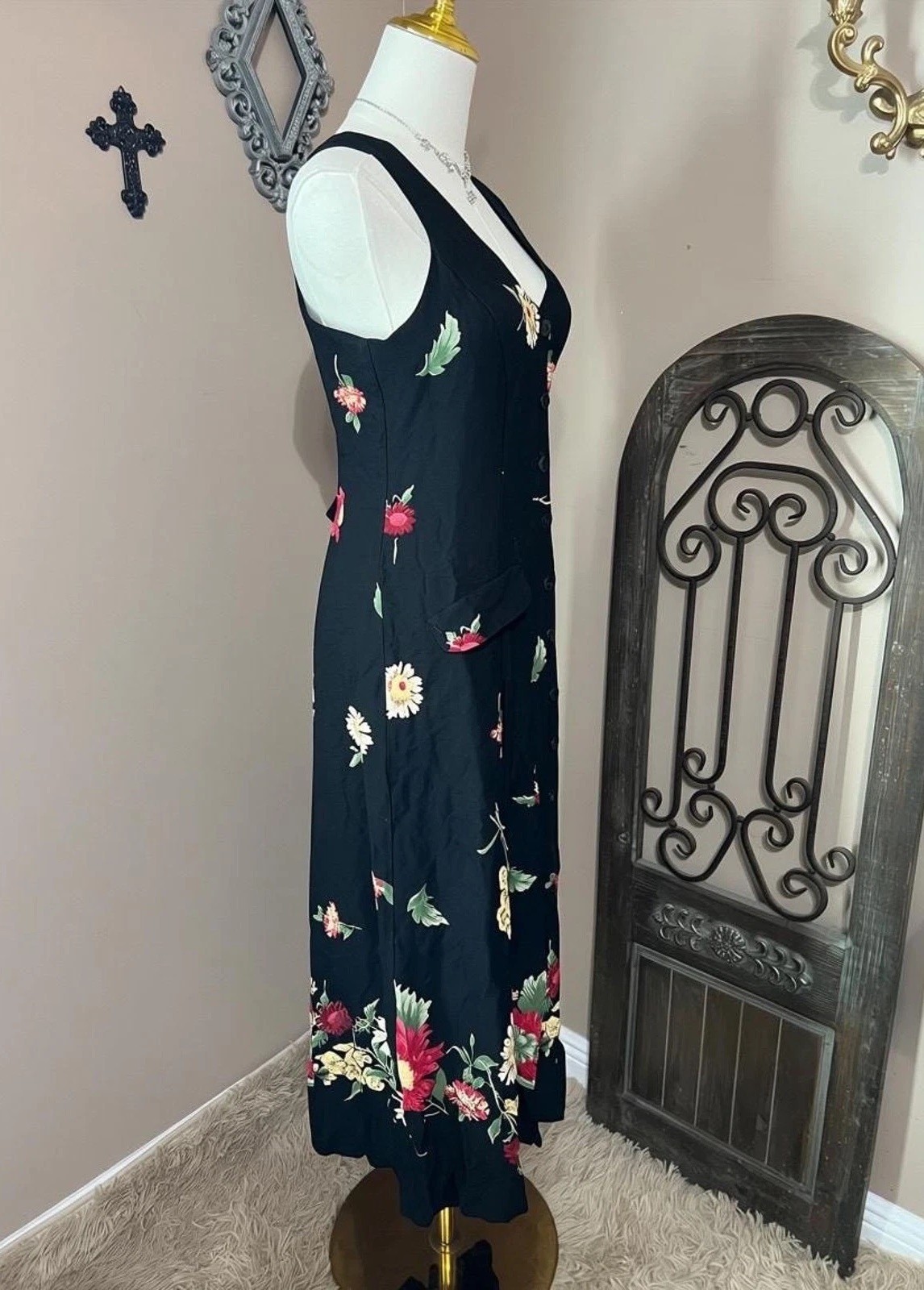 Vintage 90s Black Floral Button Down Tank Dress Cottagecore Boho Grunge Size L