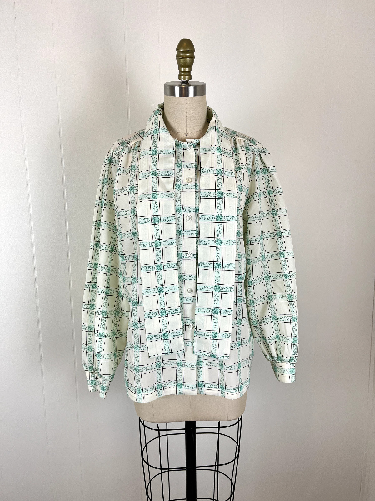 Vintage Pussy Bow Blouse Secretary Geek Medium Made in USA Windowpane Plaid