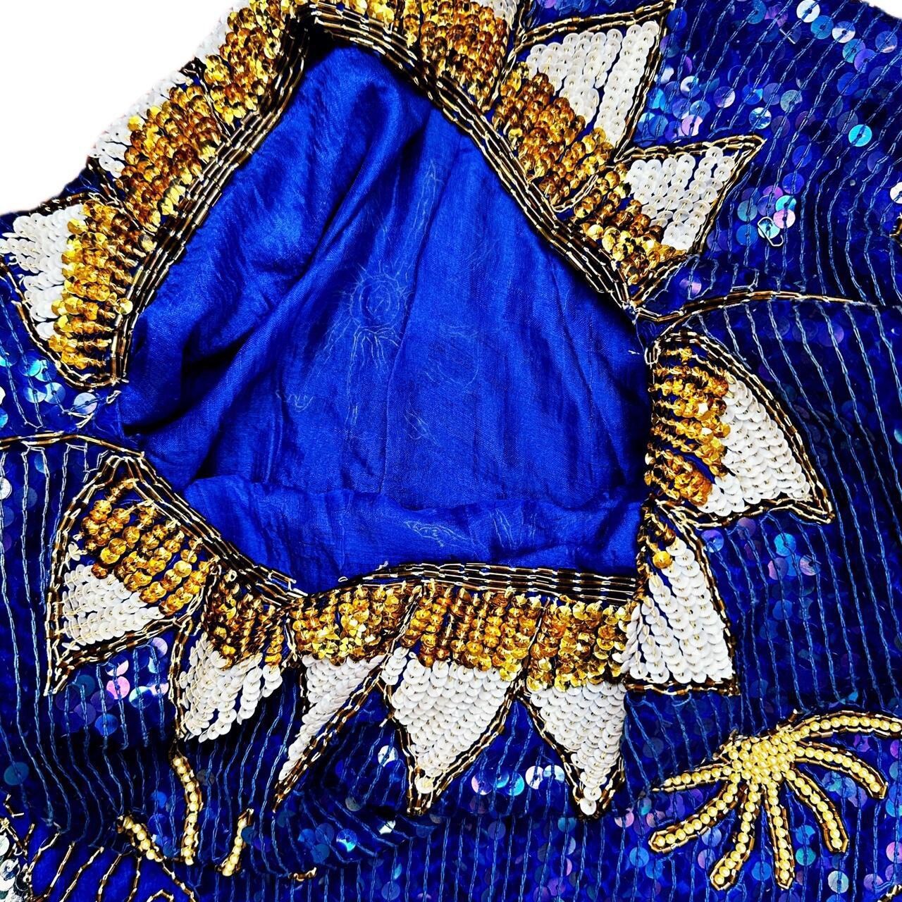 Stunning Vintage SILK INDIA Full Sequin Sapphire Blue Beaded Cocktail Dress M