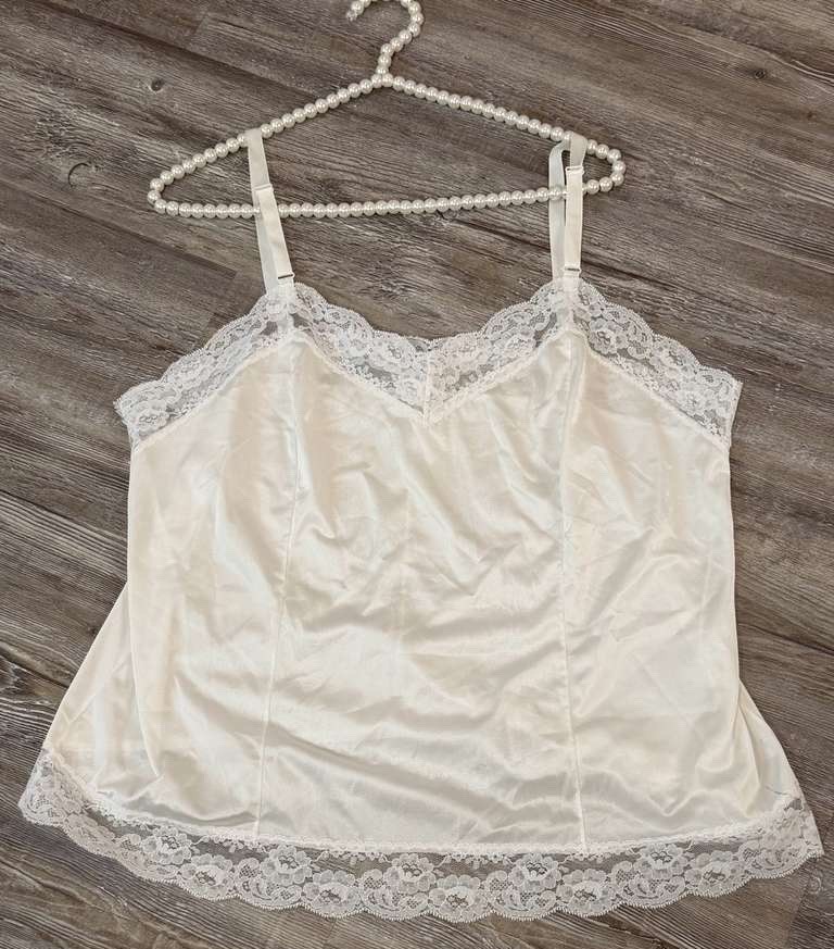VTG 90’s Sliperfection Women’s White Satin Lace USA Made Spaghetti Strap Cami 2X