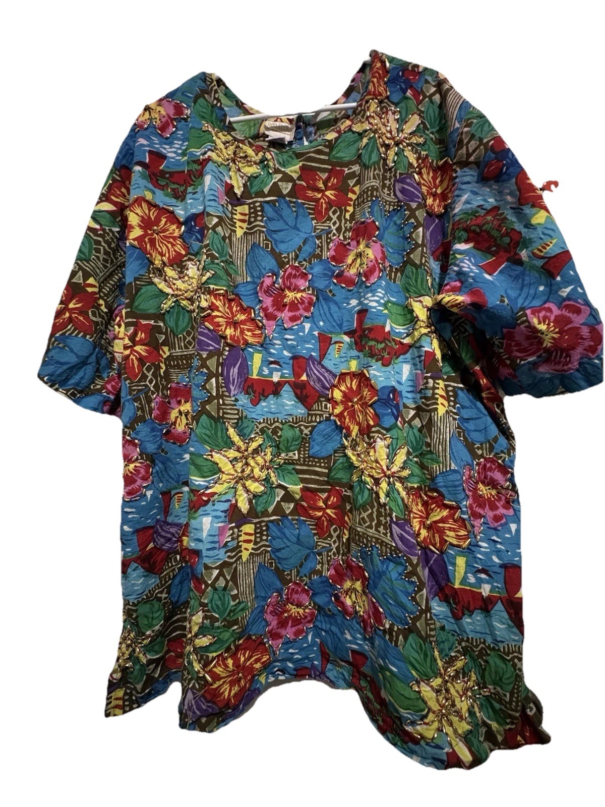Vintage Roamans Beaded Blouse Size 2XL Gold Beads Bright Flowers Keyhole Back