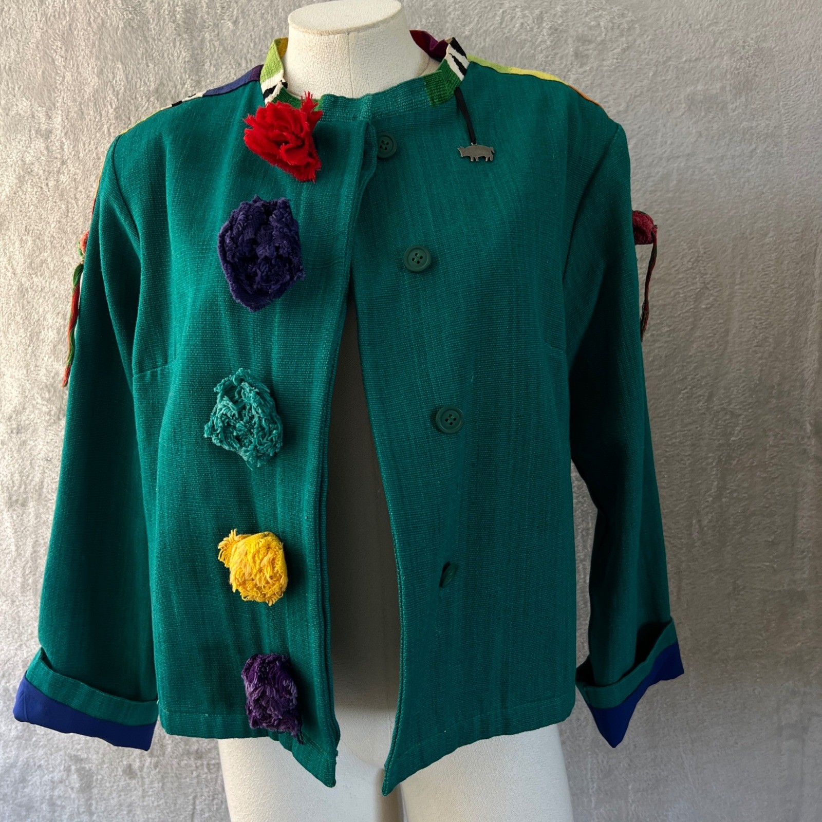 Vintage Women’s Art To Wear Pom Pom Jacket Green size Medium colorful funky