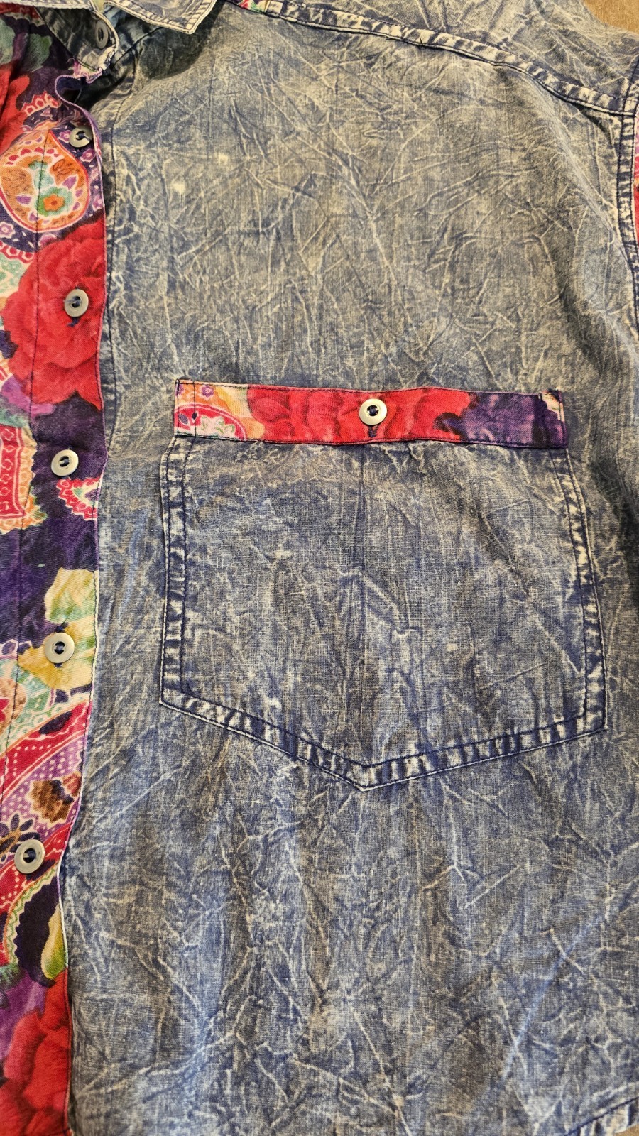 Vintage Something Different Button Down Top Shirt Floral Denim Pattern Size M