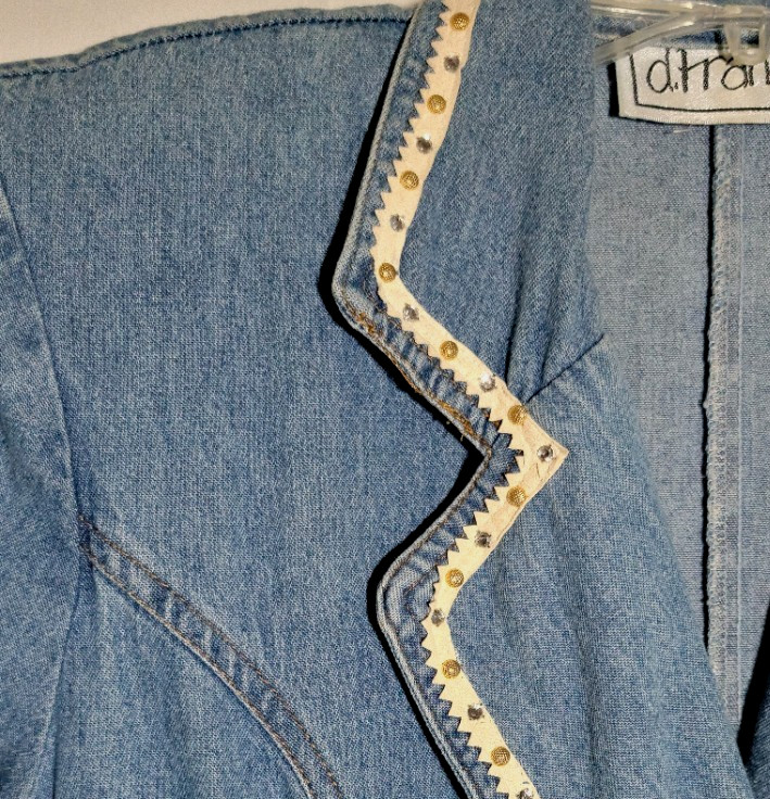 VTG D.Frank Denim Skort Romper Double Breasted Rhinestones Shoulder Pads 8 Dress