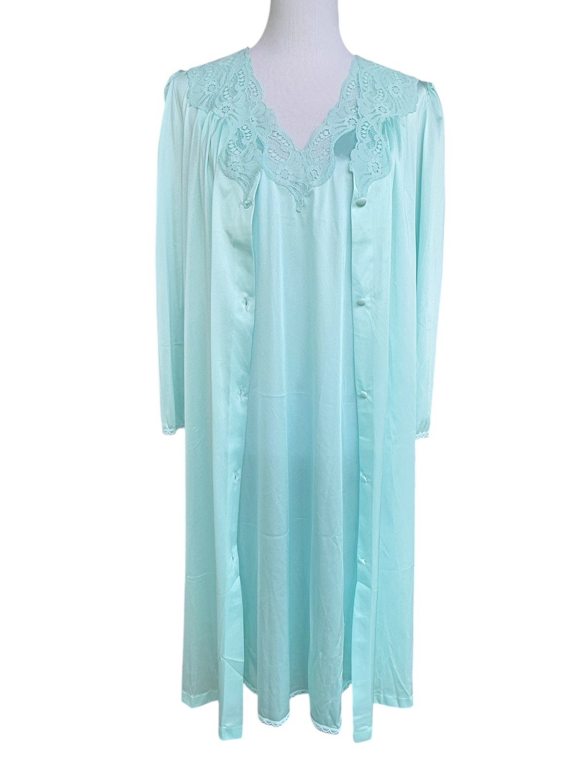 VTG Vassarette 2 Pc Sky Blue Lace Nightgown & Robe Peignoir Set Size Medium NEW