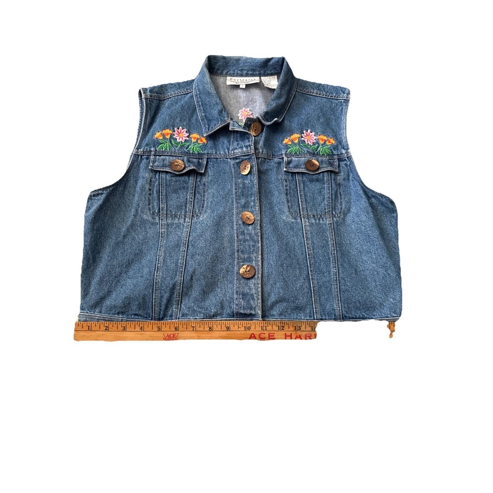 Portraits by Northern Isles Denim Vest 90s Vintage Floral Embroidery