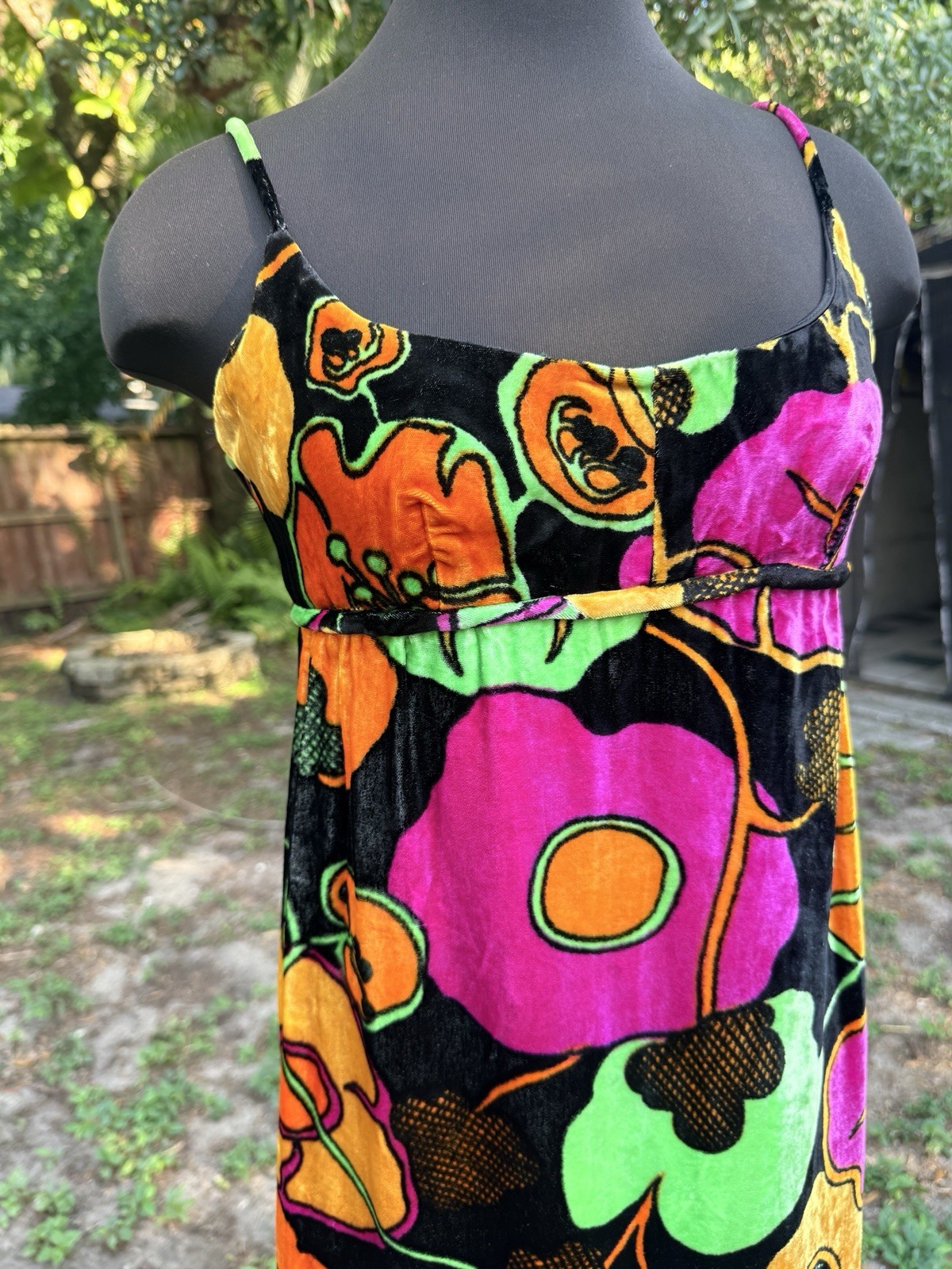 Vintage 1960s Mia Boutique Bright Floral Velvet Maxi Dress