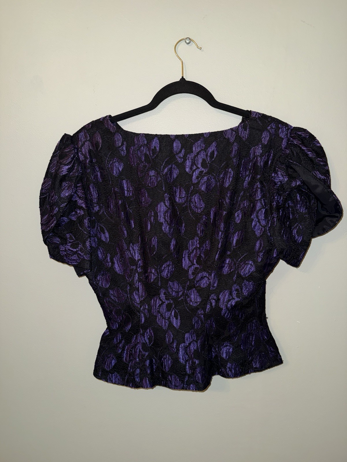 Roots Of London Vintage 80s Glam Puff Sleeve Glitter Top Purple buttons 10