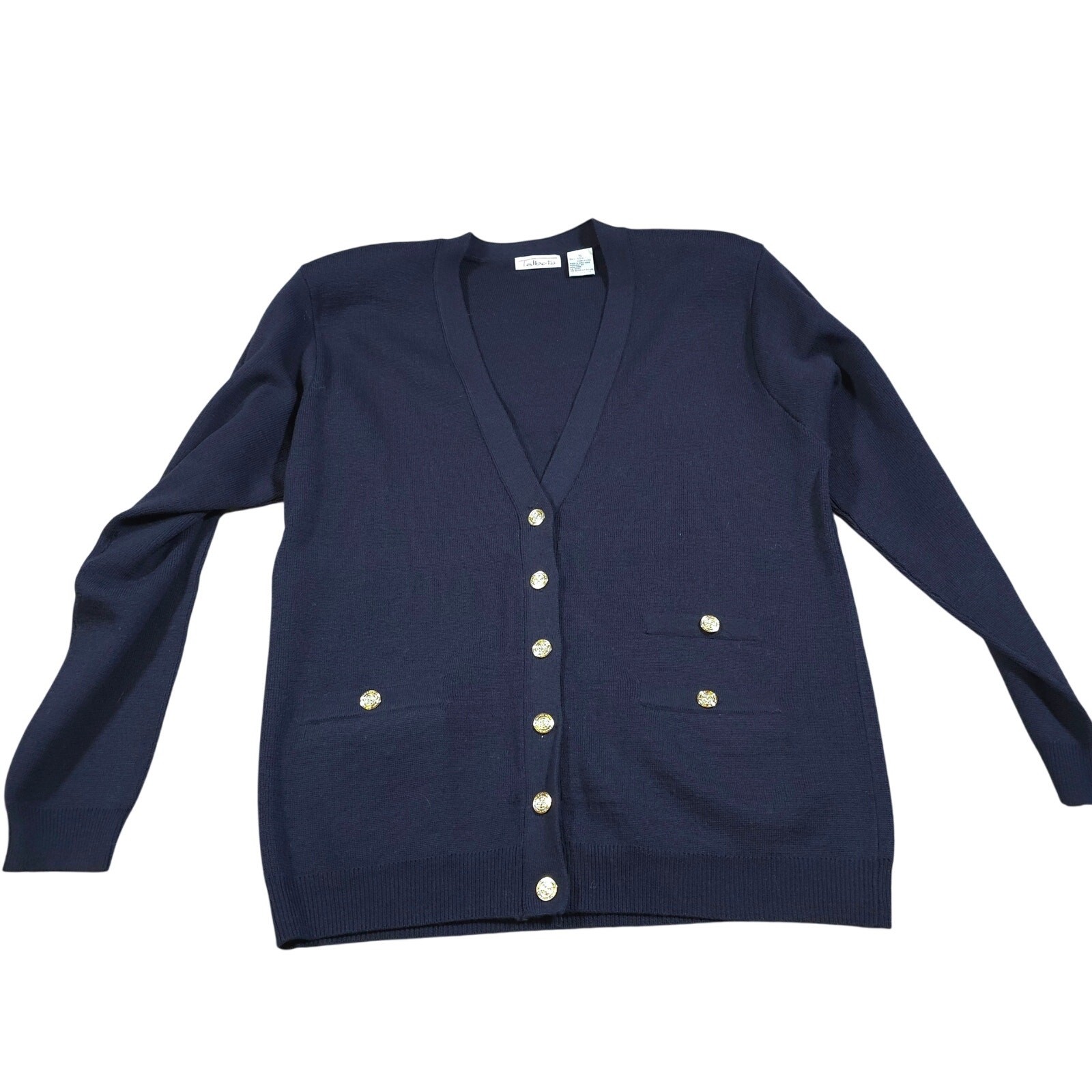 Vintage Talbots Navy Cardigan Shoulder Pads Women Size XL 100% Merino Wool