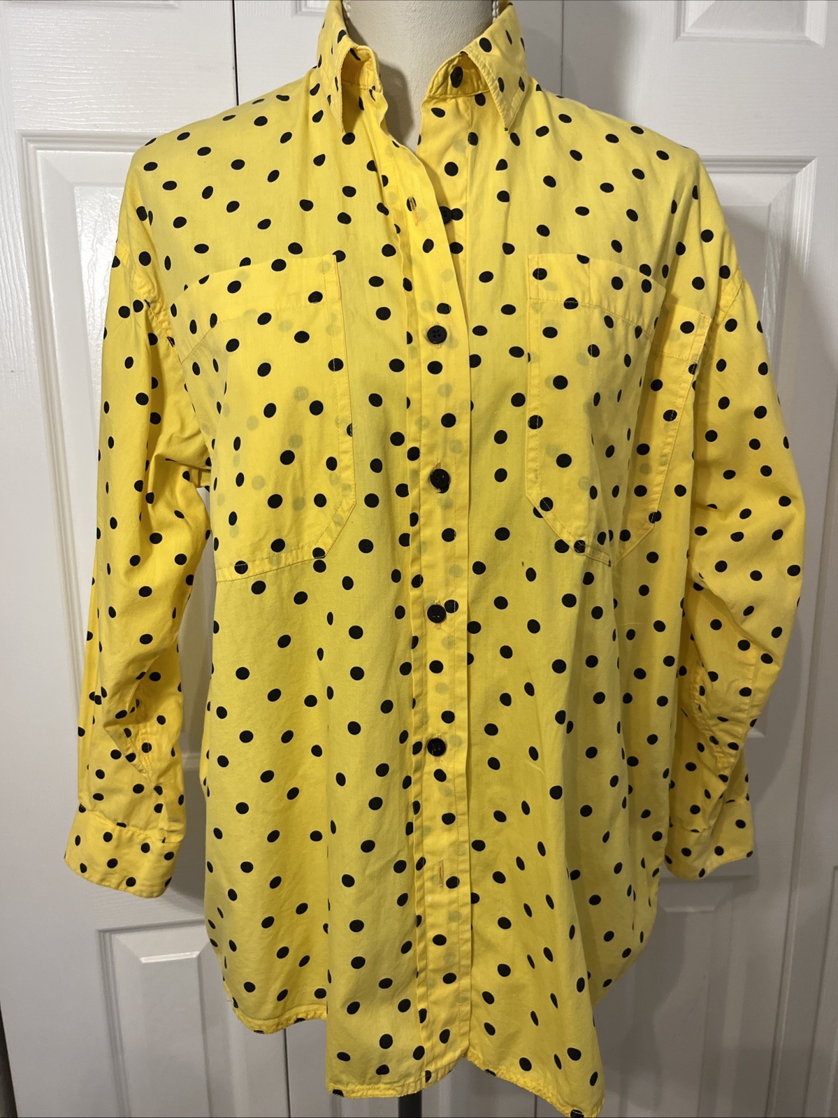 Instant Glamour Vtg 1980’s Postmodern Cotton Yellow Shirt Black Polka Dot OS