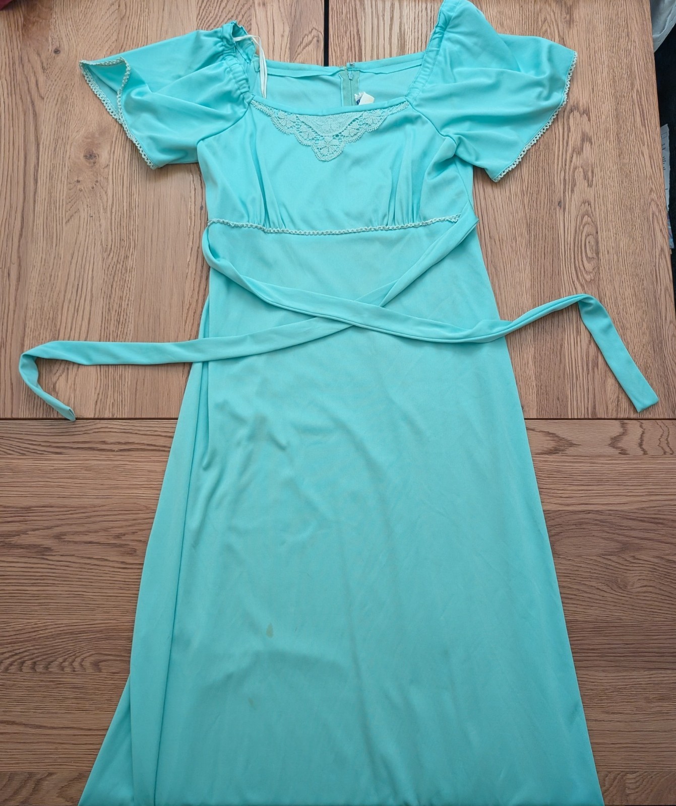 VTG 70s House of Nu-Mode Maxi Dress Mint Green Empire Waist Flutter Sleeve Sz 13