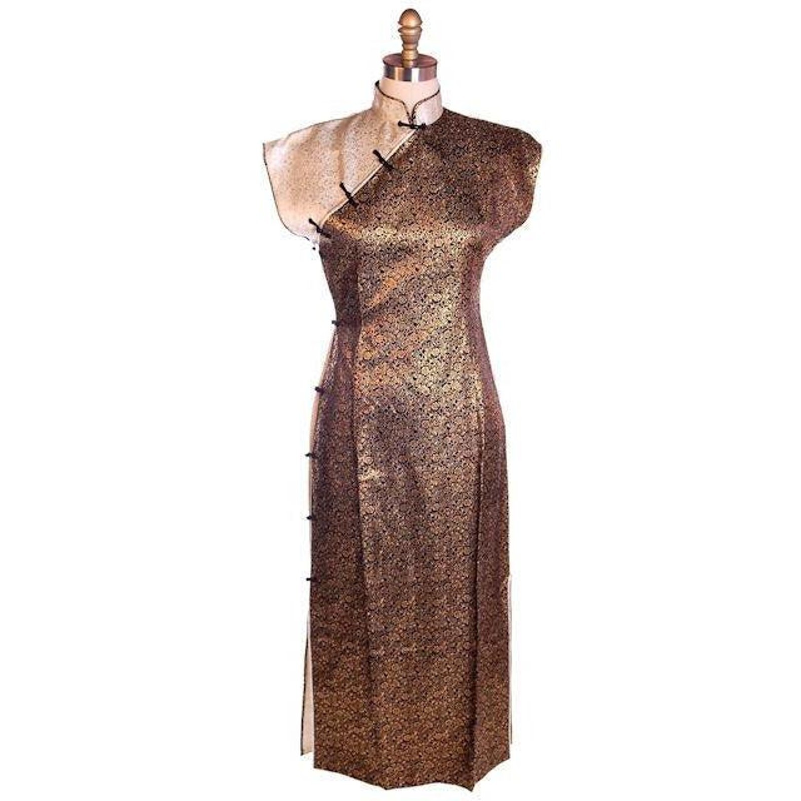 Vtg 50s Rayon Cheongsam Qipao Wiggle Dress Gold Black Silver Brocade Fits S 2–4