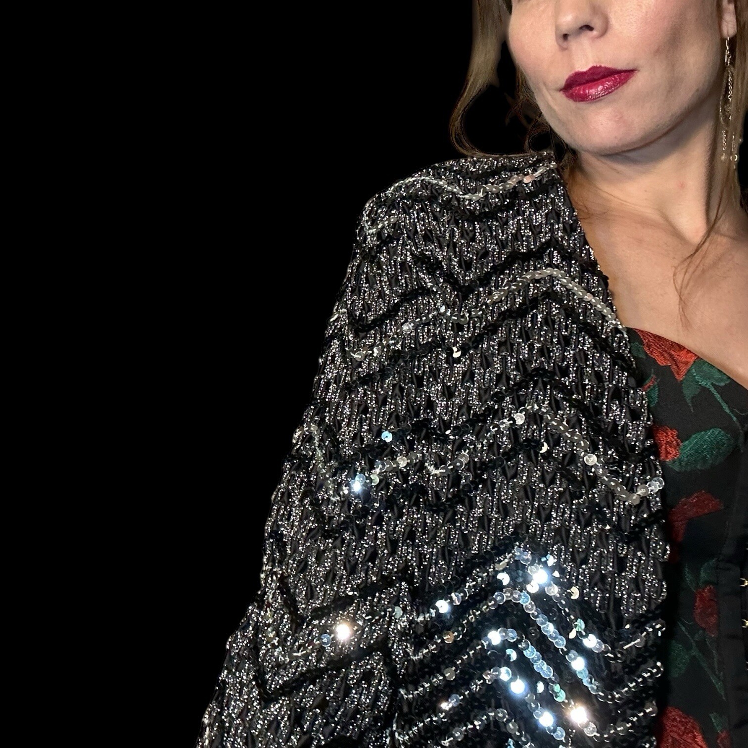 Vintage 80s Glam Formal Black & Silver Zig Zag Barclay Square Blazer Jacket