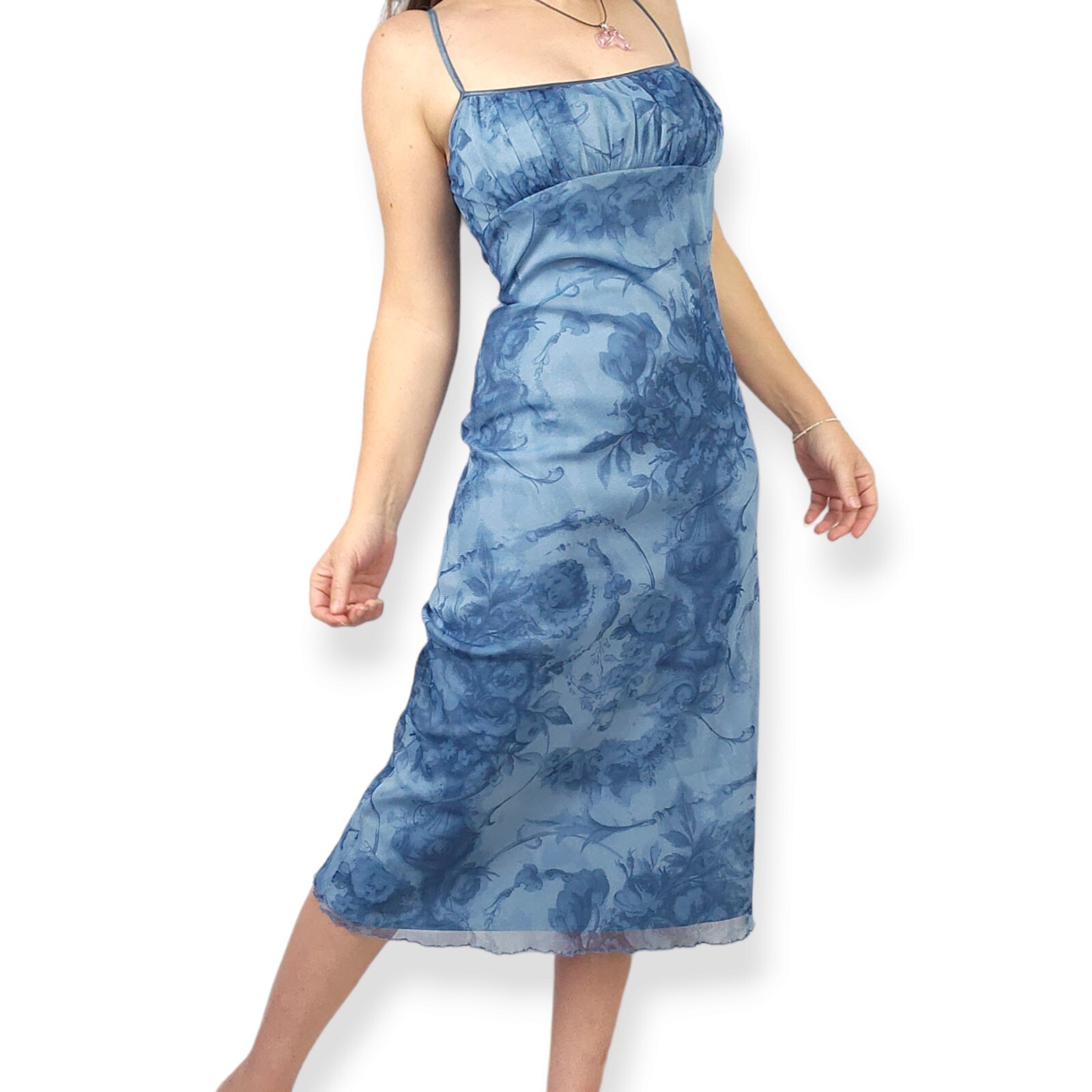 Vintage CUE Blue Dress Ladies 8 sheer Micro mesh Cherub Angel Renaissance Roses