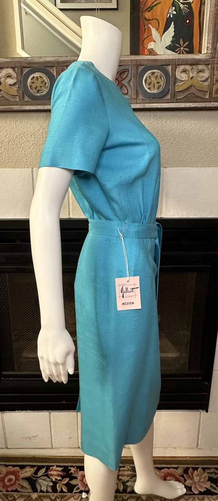 Vtg Galant Dress w/tag belted rayon turquoise Circ 1980s armpit to armpit 18″