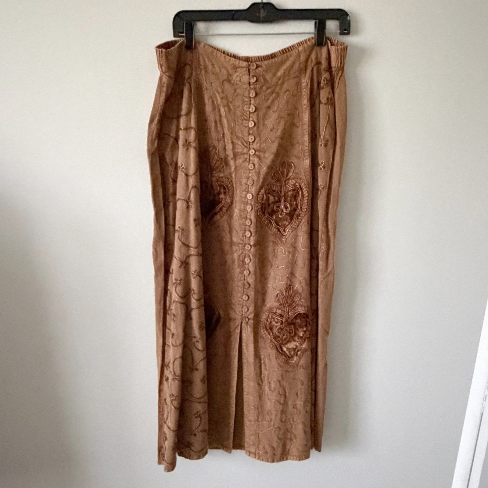 Vintage 90s Sportique Brown Rayon Embroidered Velvet Heart Skirt and Top Set LG