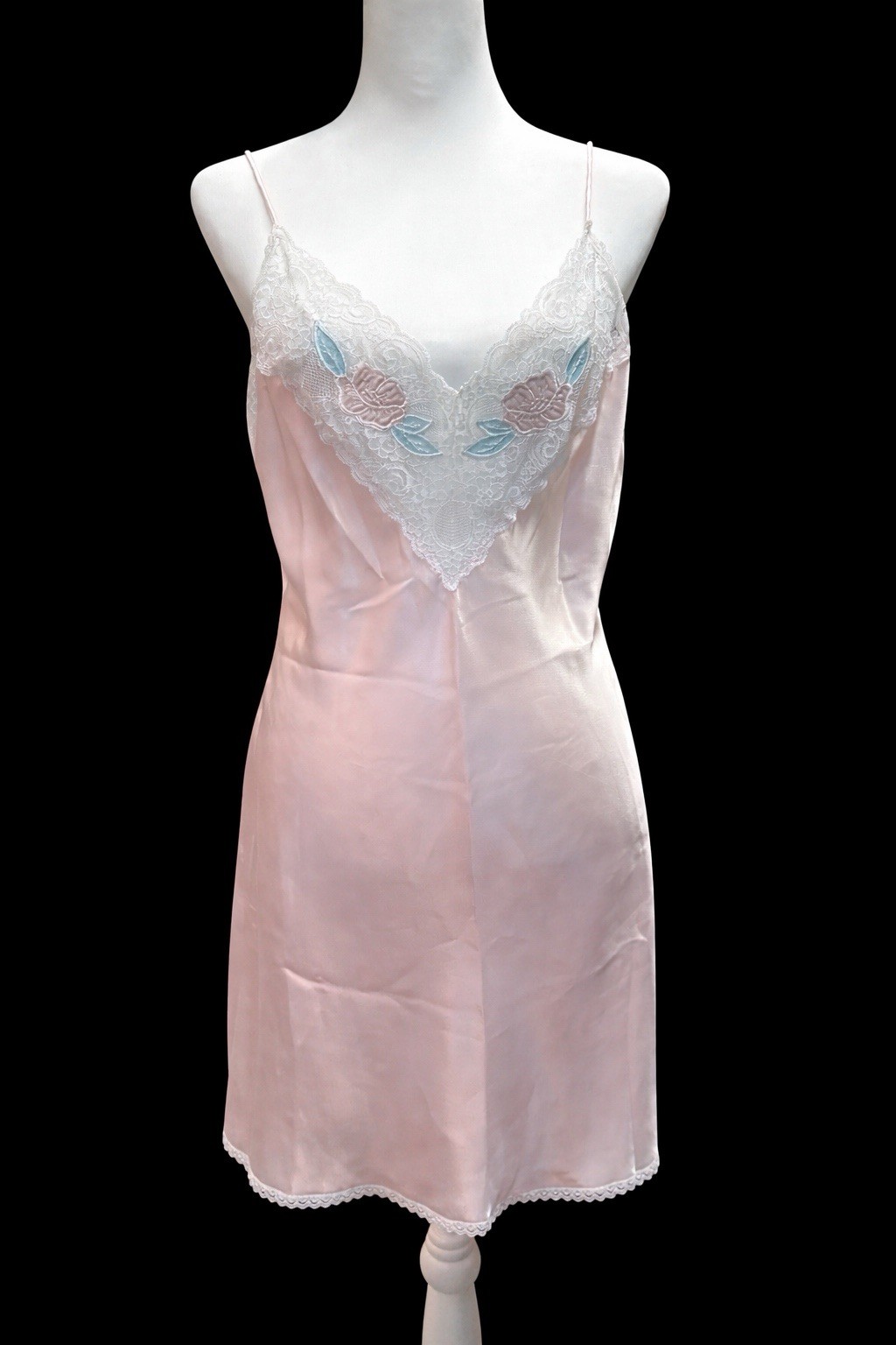 Vtg Val Mode Lingerie Satin Ivory Floral Nightie Chemise Sexy Slip Dress USA M