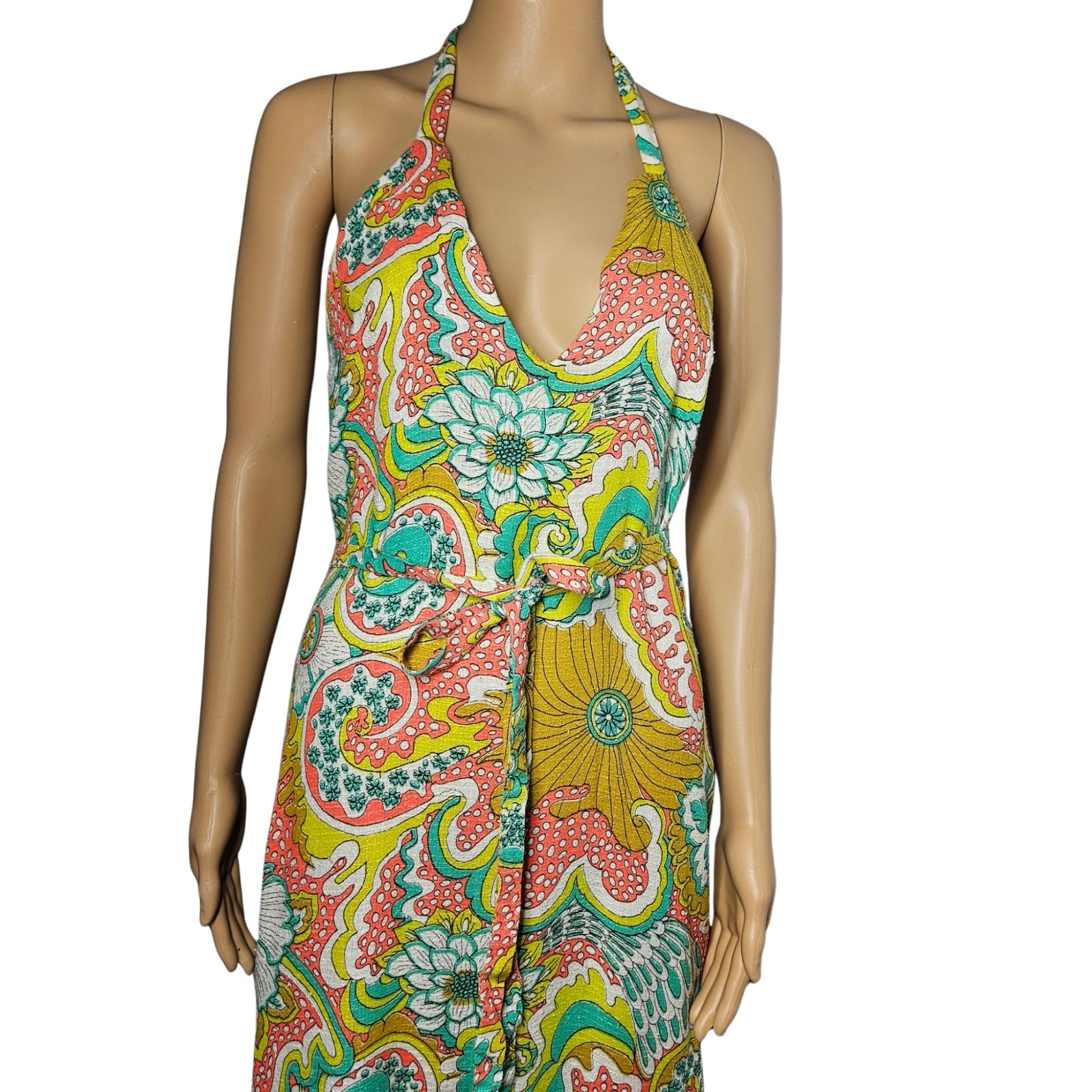 70s Wrap Maxi Dress Yellow Handmade Floral Vintage Strappy Backless 2 pc Size S