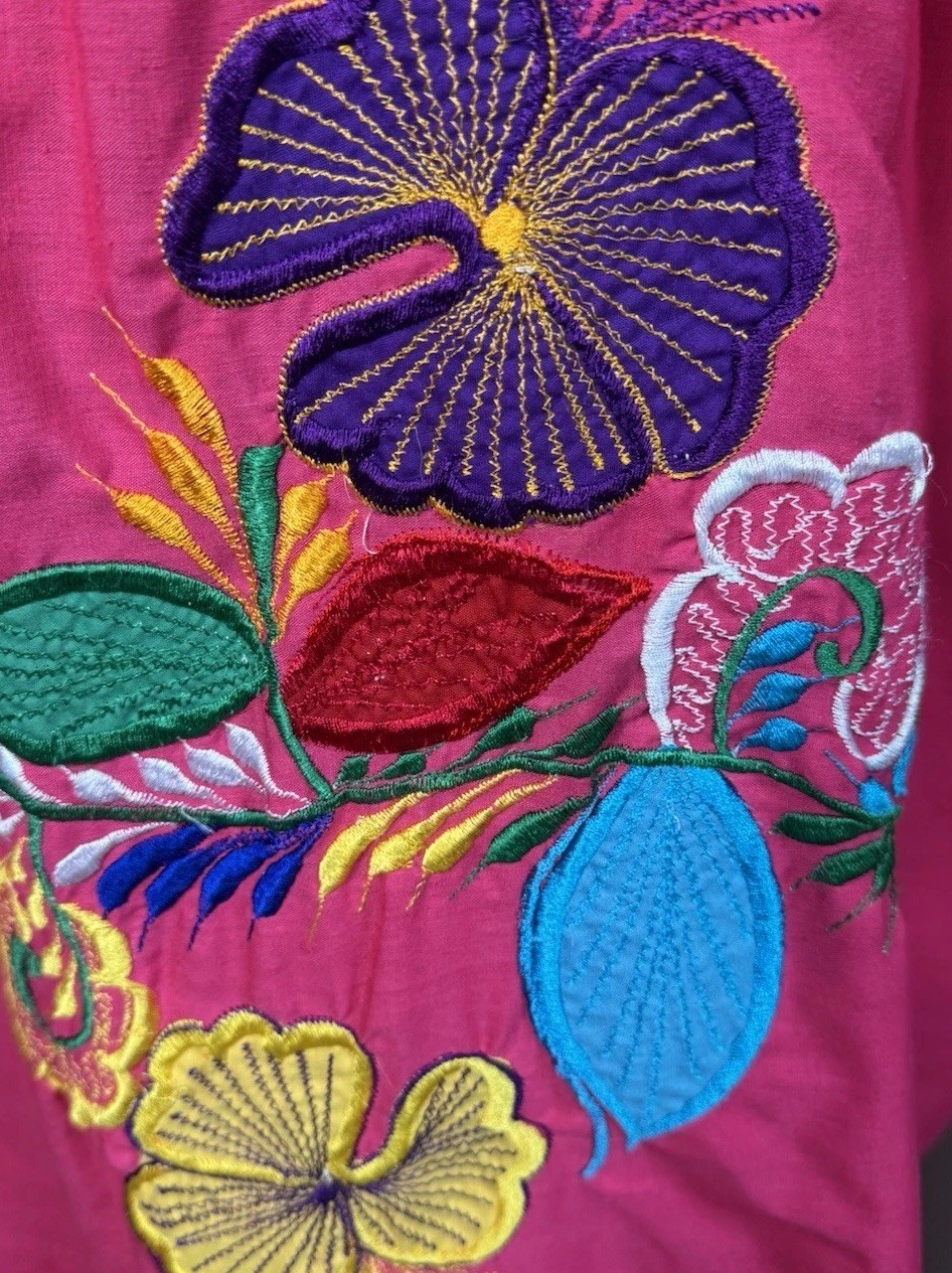 Vintage Panama Embroidered Caftan Dress Fuchsia Floral Muu Muu House Dress