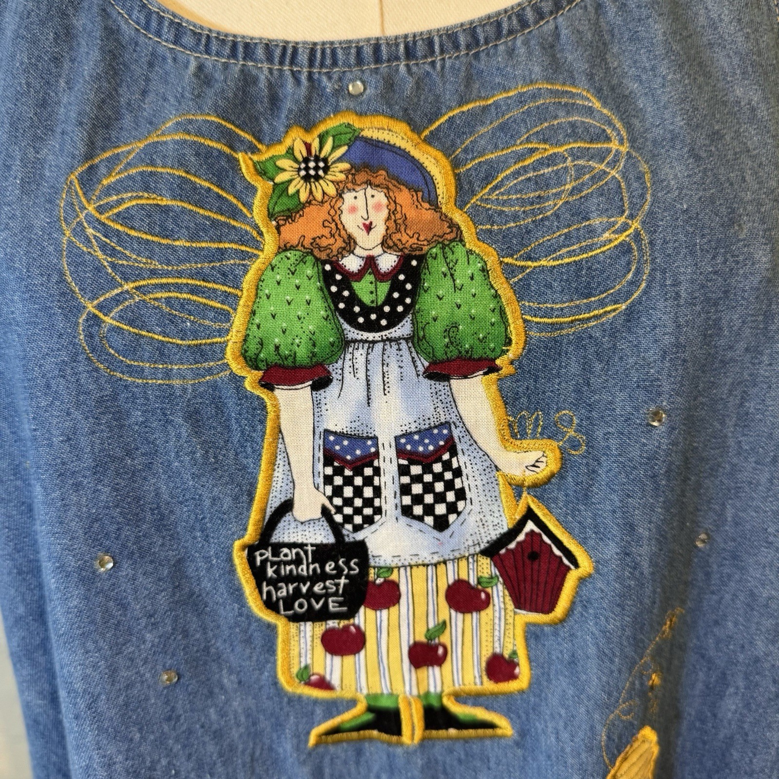 Vintage 90s The Quacker Factory Embroidered Appliqué Denim Pinafore Dress M