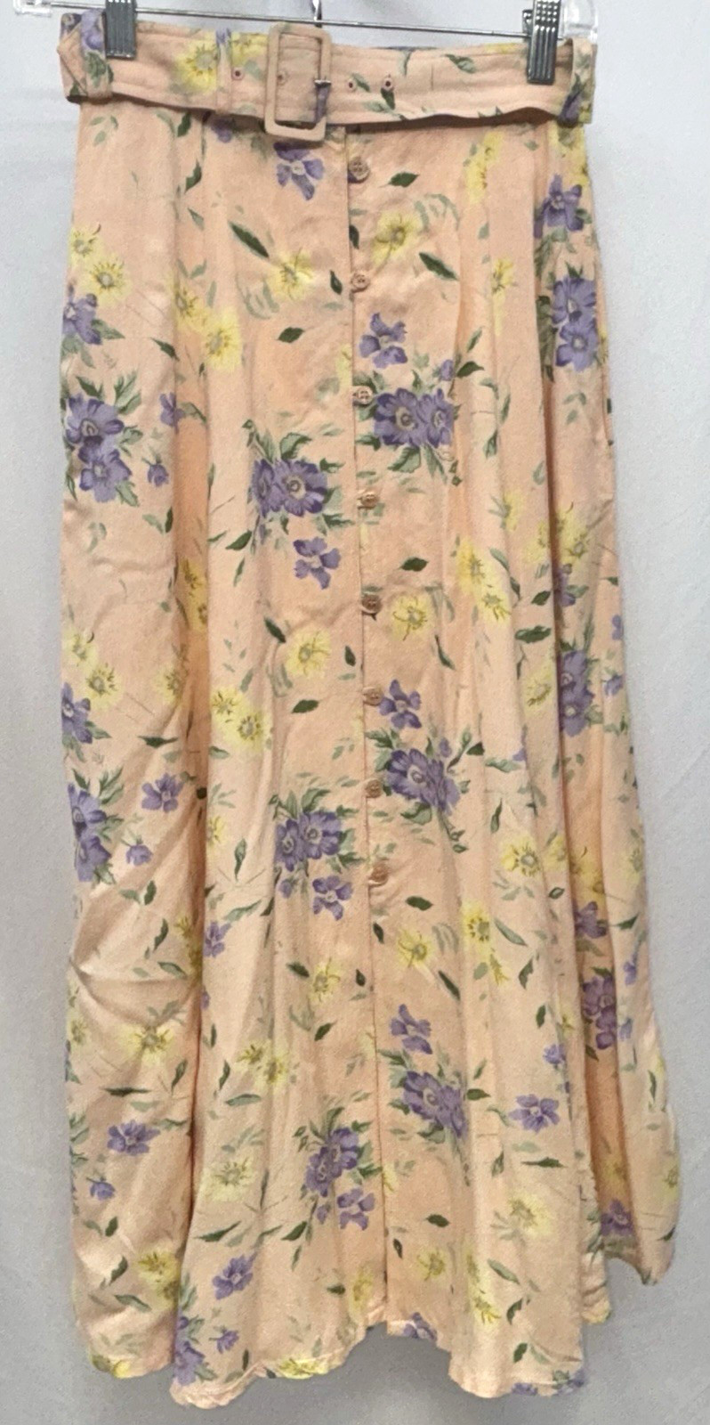 QPS Women Size 4 Vintage Button Up Belted Midi Godet Skirt Peach Floral Pockets