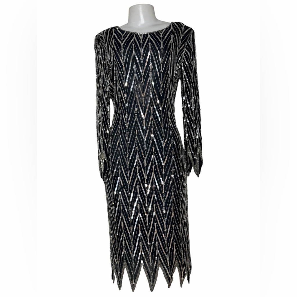 VTG 80s Sweelo Beaded Silk Dress Black Silver Extravagant Sequin Chevron Size M