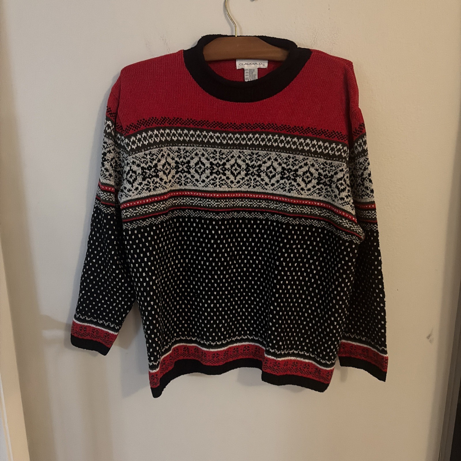 Vintage Claudia D Red Fair Isle Roll Neck Nordic Knit 90s Ski Pullover Large