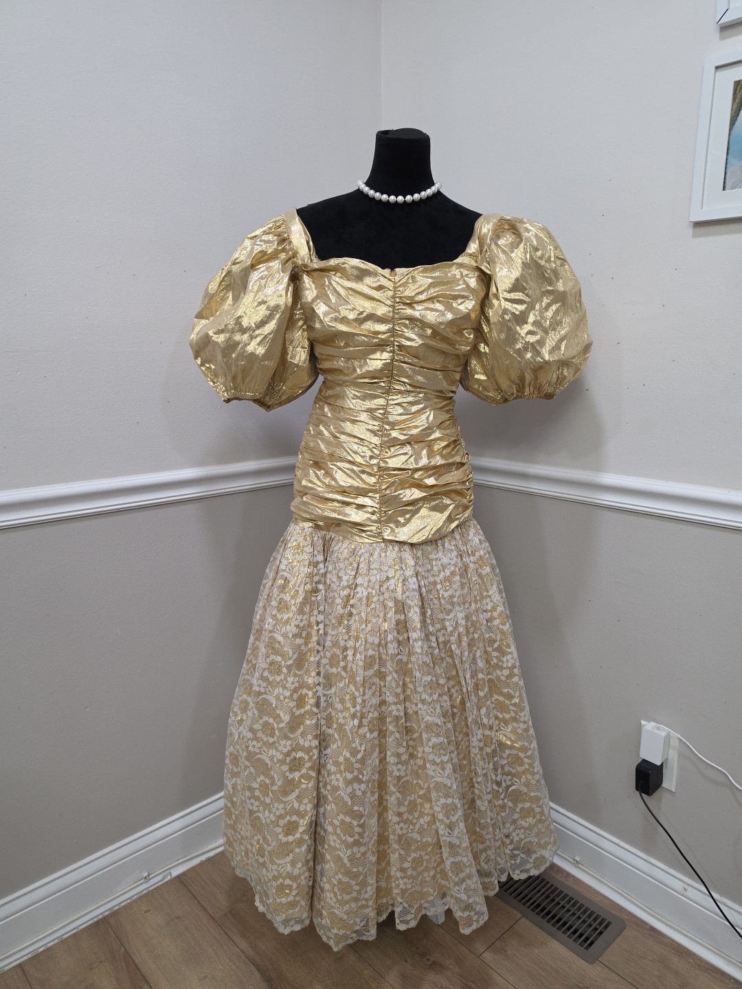VTG 80s Gold Puff Sleeve Dress Lace Skirt Ruched Corset Prom Formal Gown Handmad