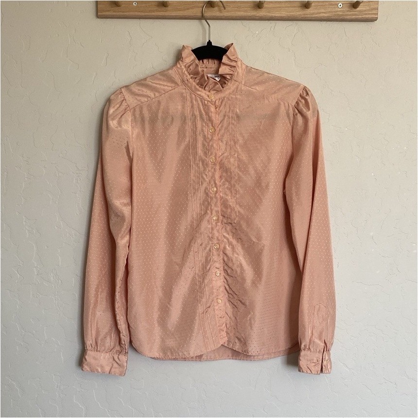 Campus Casual of California Peach Vintage Ruffle Collar Long Sleeve Shirt Size S
