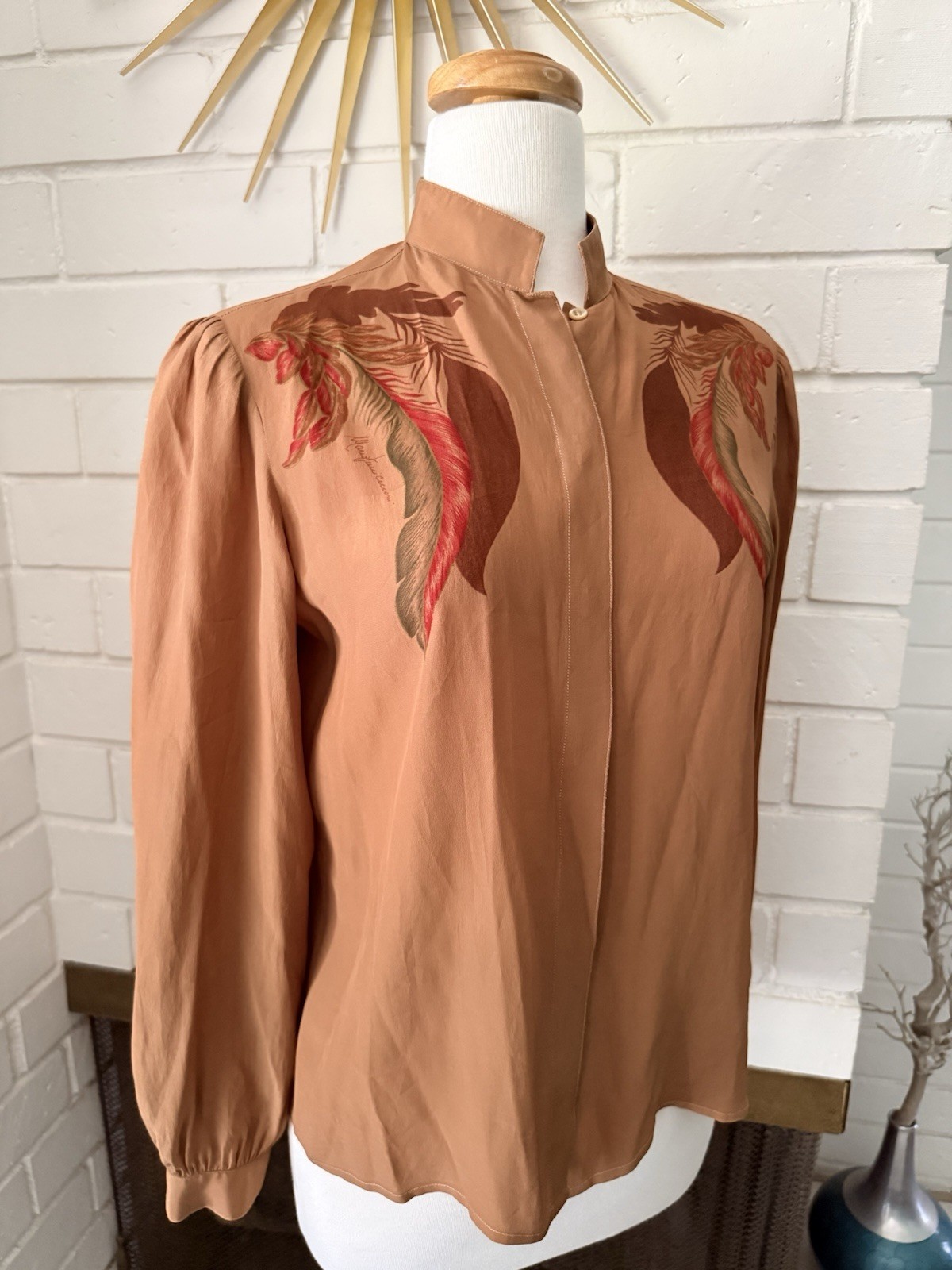 Vtg Mario Pucci Cecconi Italy Blouse Feathers Long Sleeve Brown Button Top Shirt
