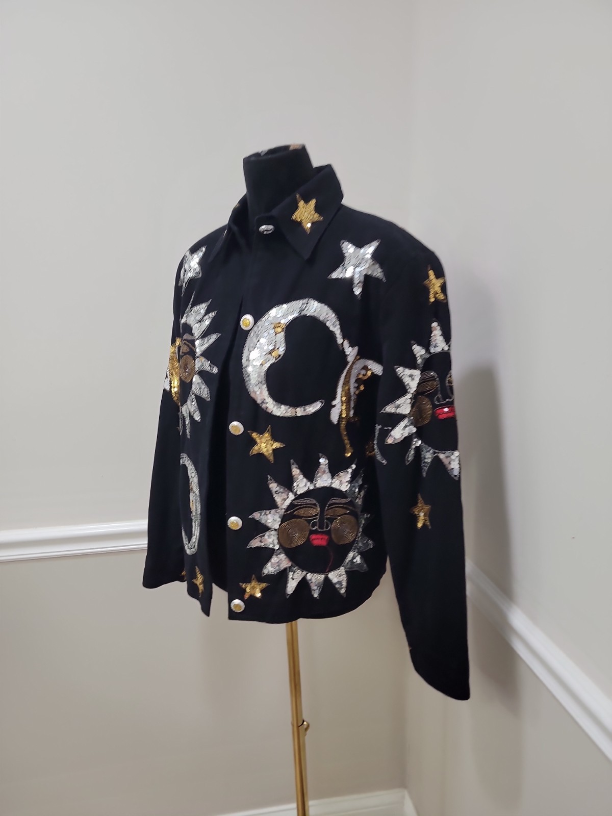 Vintage Modi Denim Celestial Sequin Jacket Sun, Planets Moons & Stars Size XL