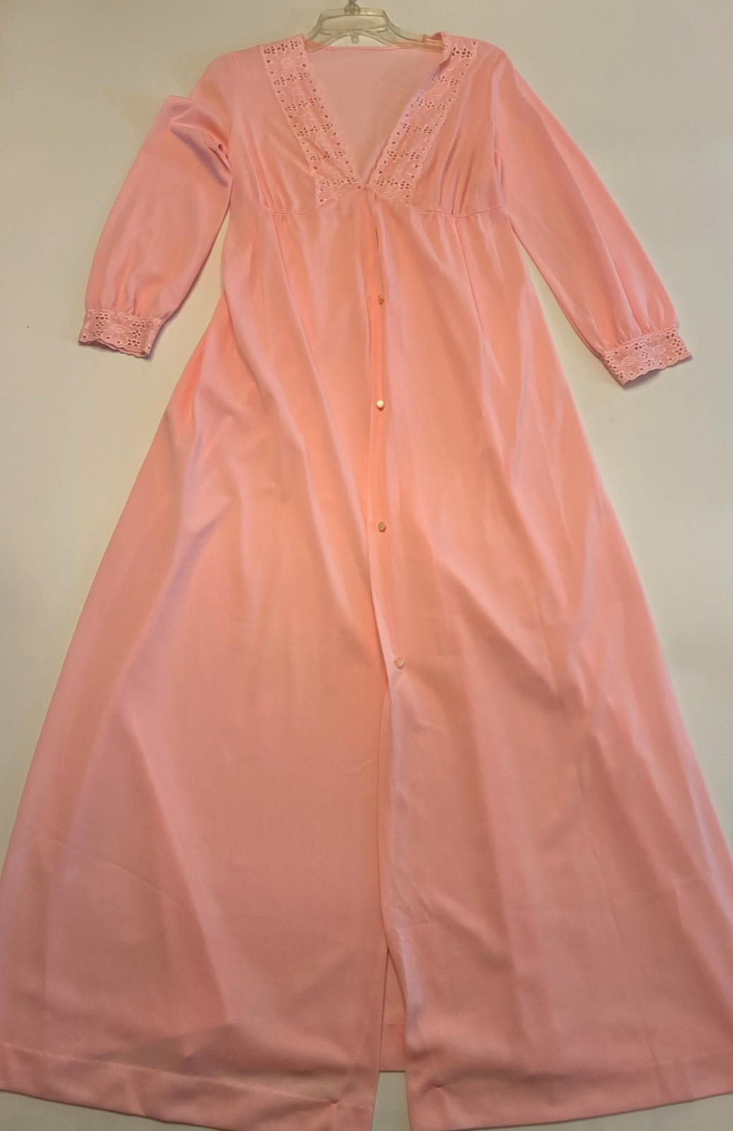 Vintage GOSSARD ARTEMIS LONG ROBE Small PEACH PINK Nylon Crepe Eyelet LACE Sheer