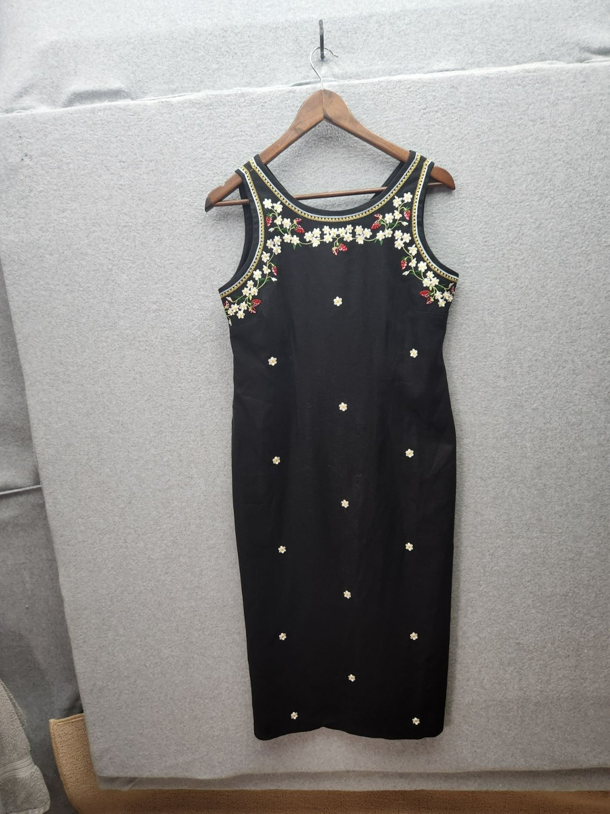 Vtg Black Sleeveless Ultra Dress W/Floral & Strawberry Embroidery Button Accents