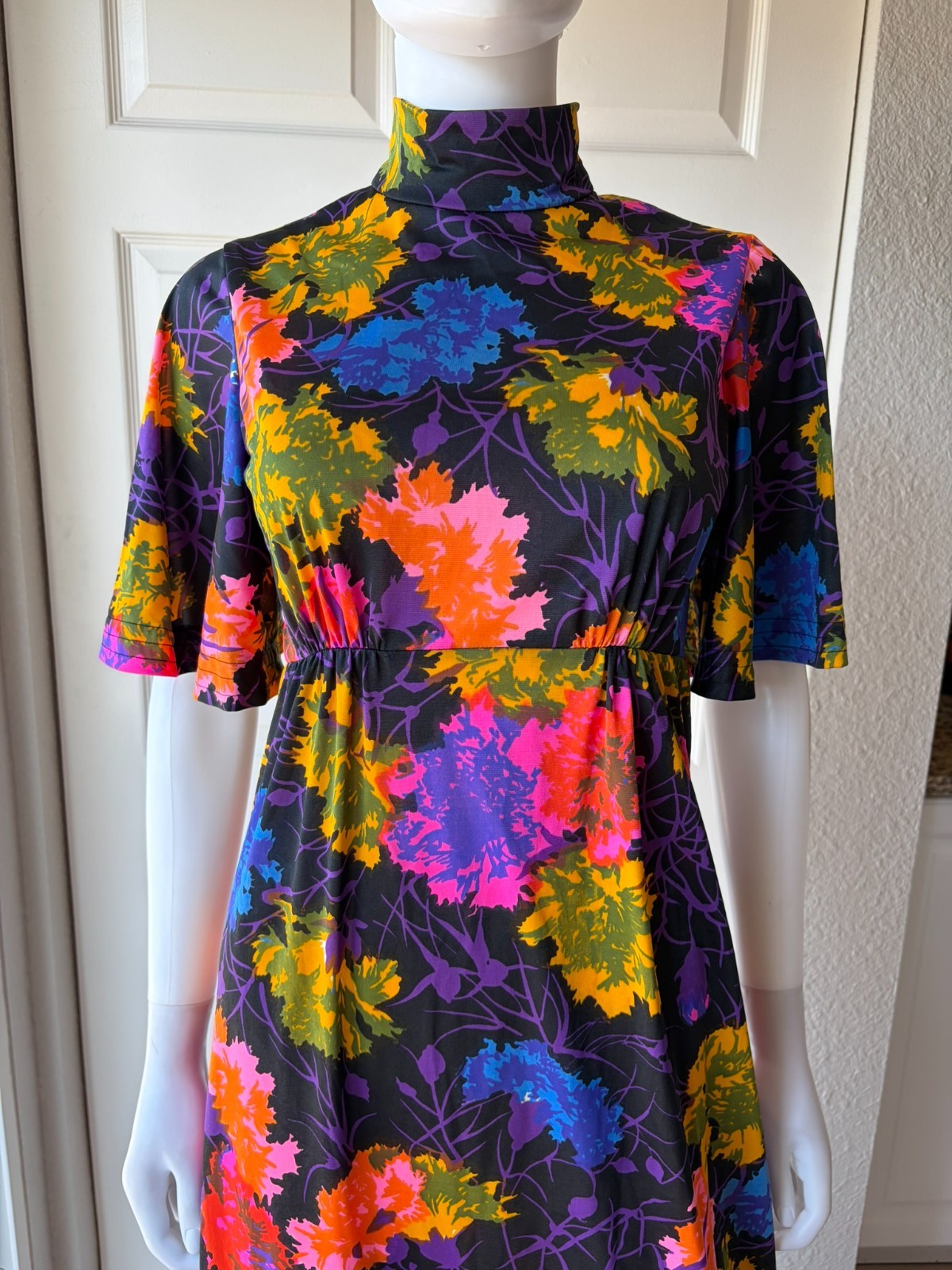 Vintage 70s Short Flutter Sleeve Maxi A Line Dress