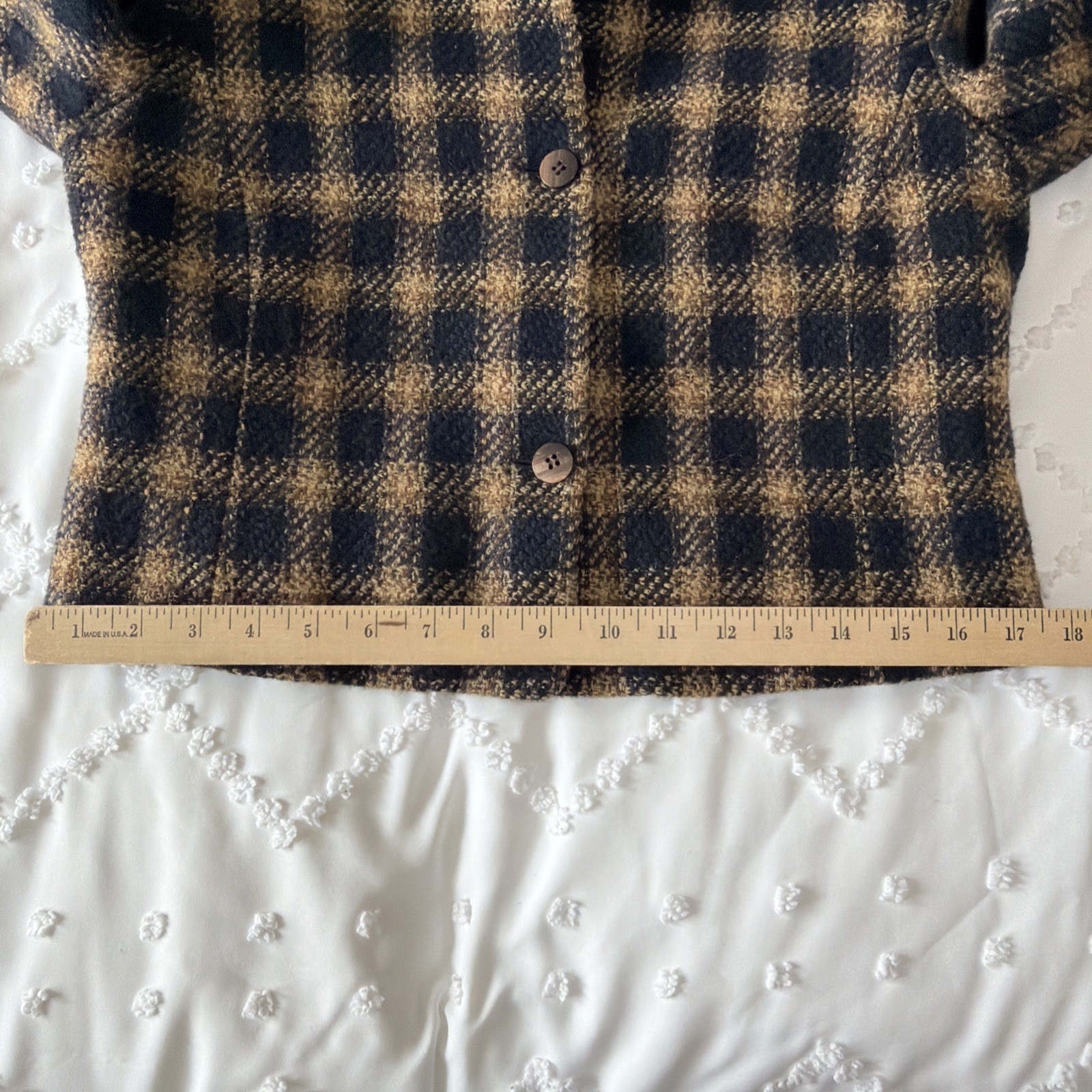 Vintage Rena Rowan Cropped Wool Blazer Jacket Women’s 12 Plaid Button Blue Brown