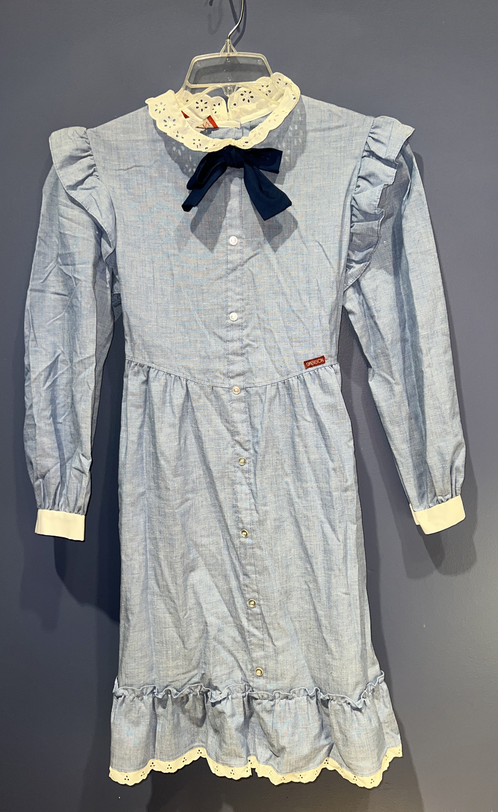 Size 7 Vintage Denim Cottage Core Dress, Lace Trim, Sasson, 1976 Super Rare