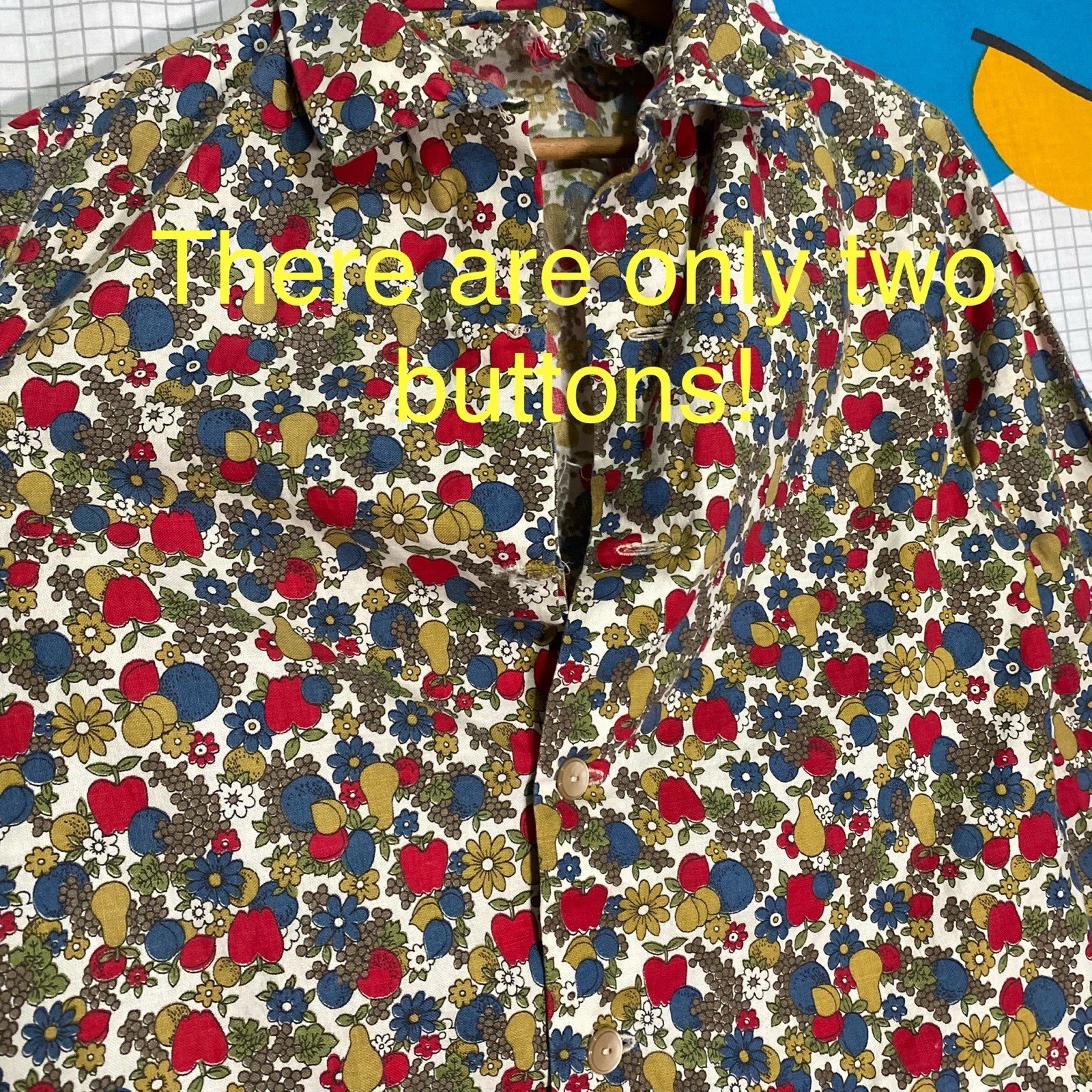 Vintage 40s Fruit Print Shirt Cotton Button Up Novelty 50s Feed Sack Floral Crop