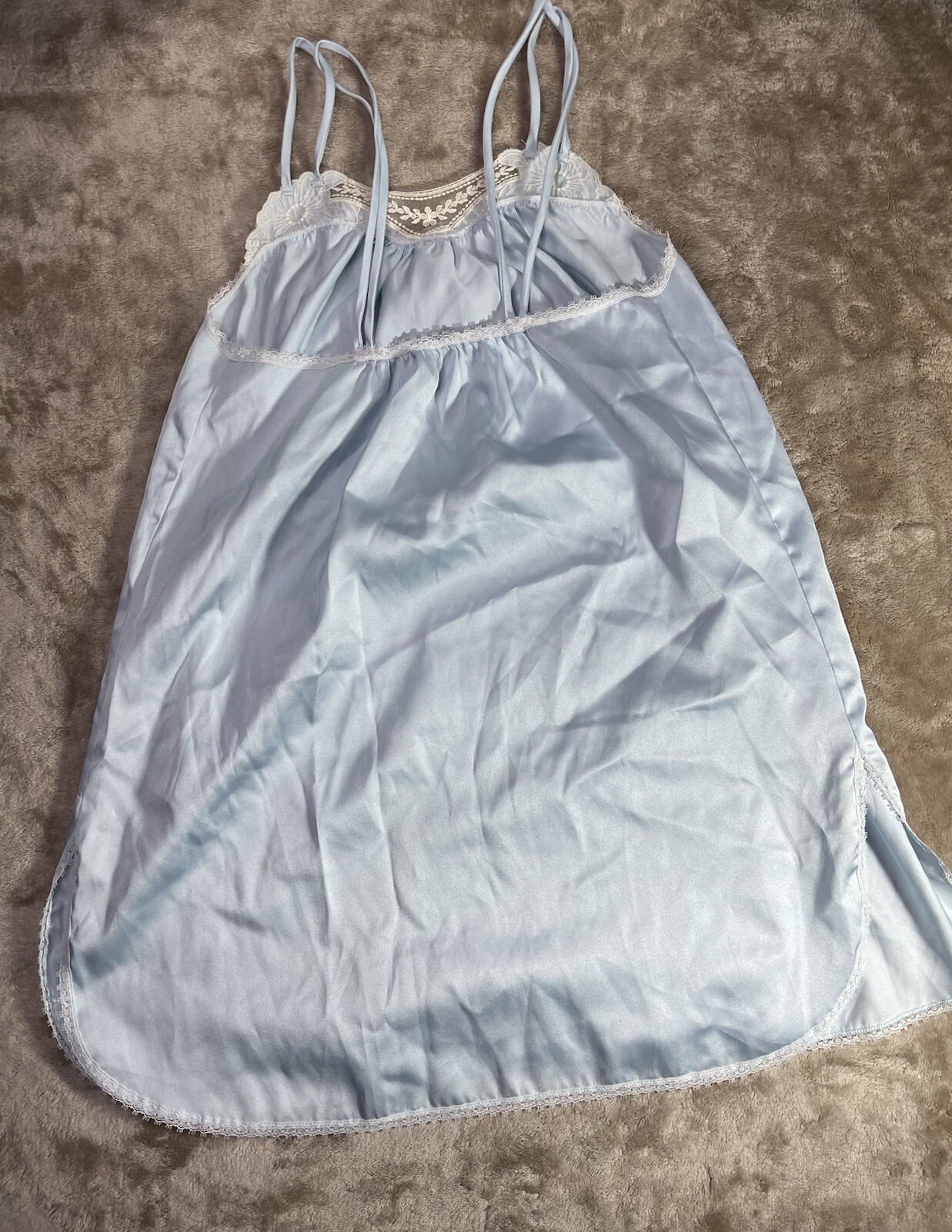 Vintage Yolande Womens Small Blue Lace Slit Nylon Nightgown Babydoll Slip EUC