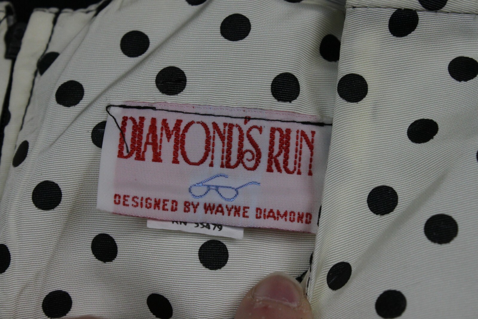 Vtg Diamond’s Run Dress 80s Retro Polka Dots Peplum Pouf Slv Black Wht NOS 11/12