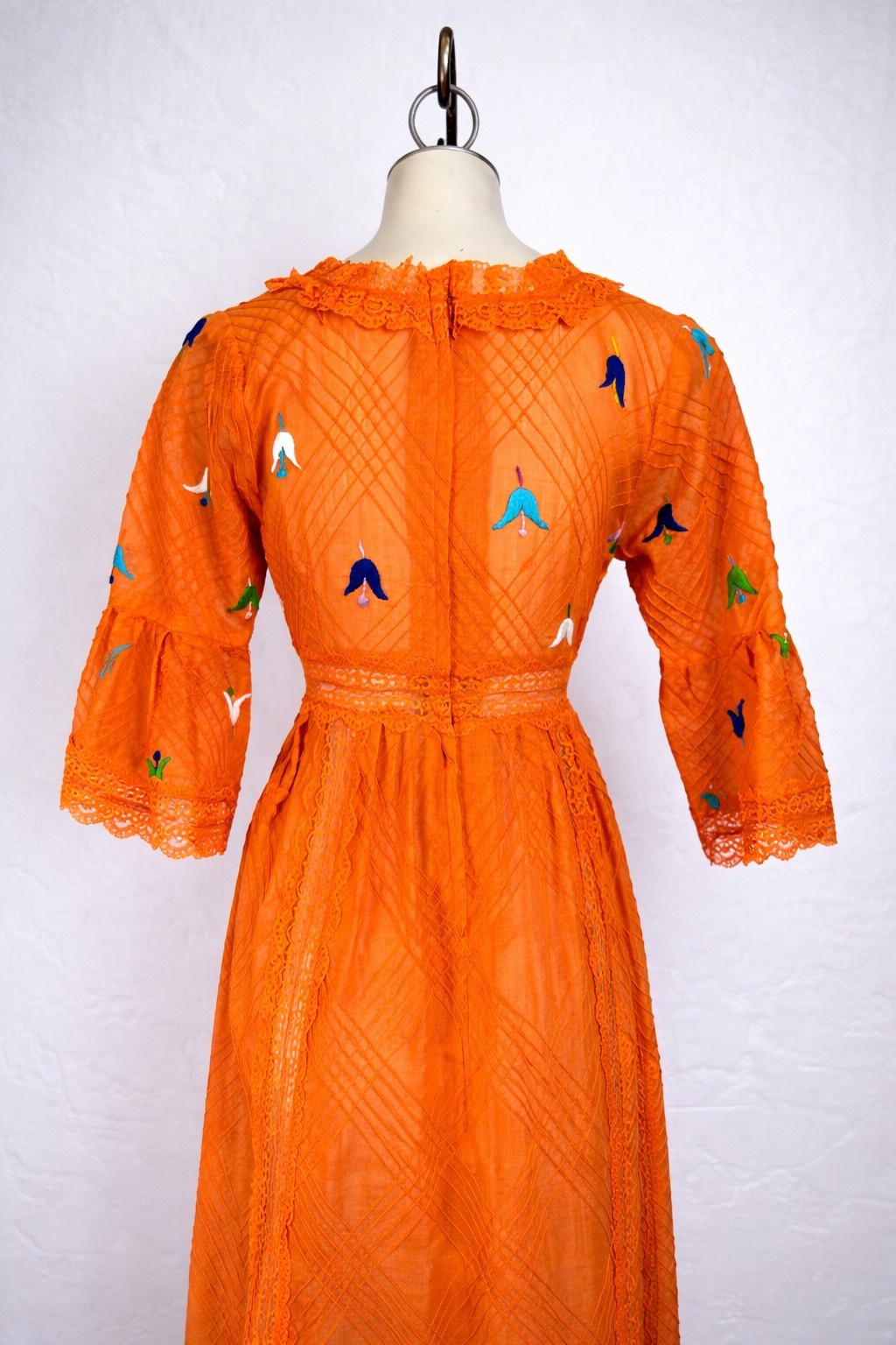 Vintage 70s Orange Embroidered Lace Maxi Dress Boho Bell Sleeve Cottagecore