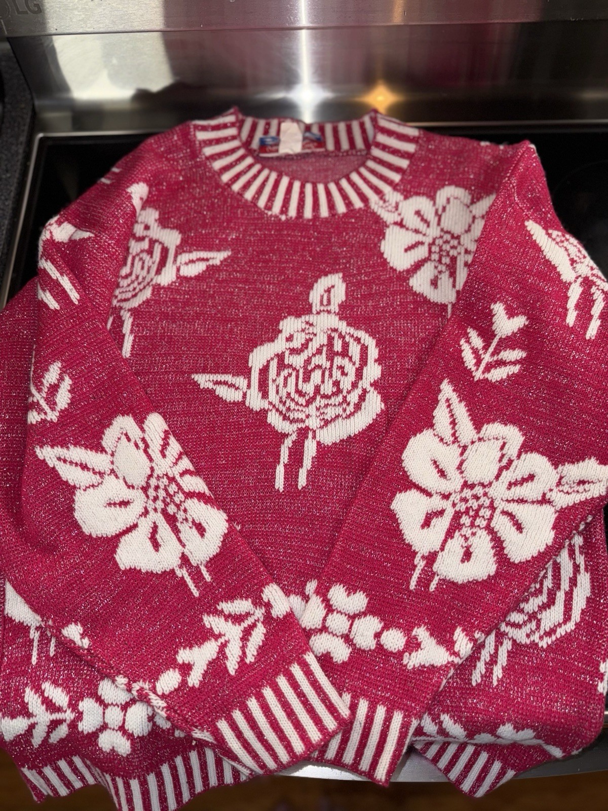 VTG 80S GLAMOUR KNIT SWEATER USA MADE METALLIC PINK FLORAL ROSE VIBRANT OS WMNS