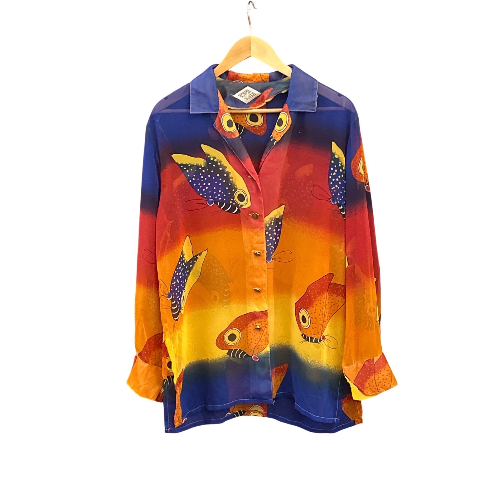 Vintage Gioco Tropical Fish Print Shirt Sunset Color Novelty Blouse Retro Resort