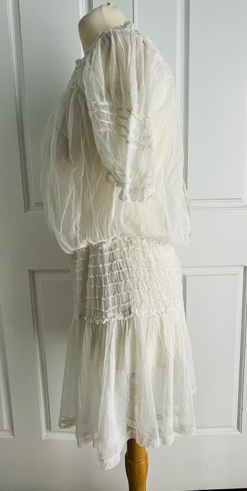 Vintage 1920s White Mesh Tulle Smocked Drop Waist Tunic Style Dress