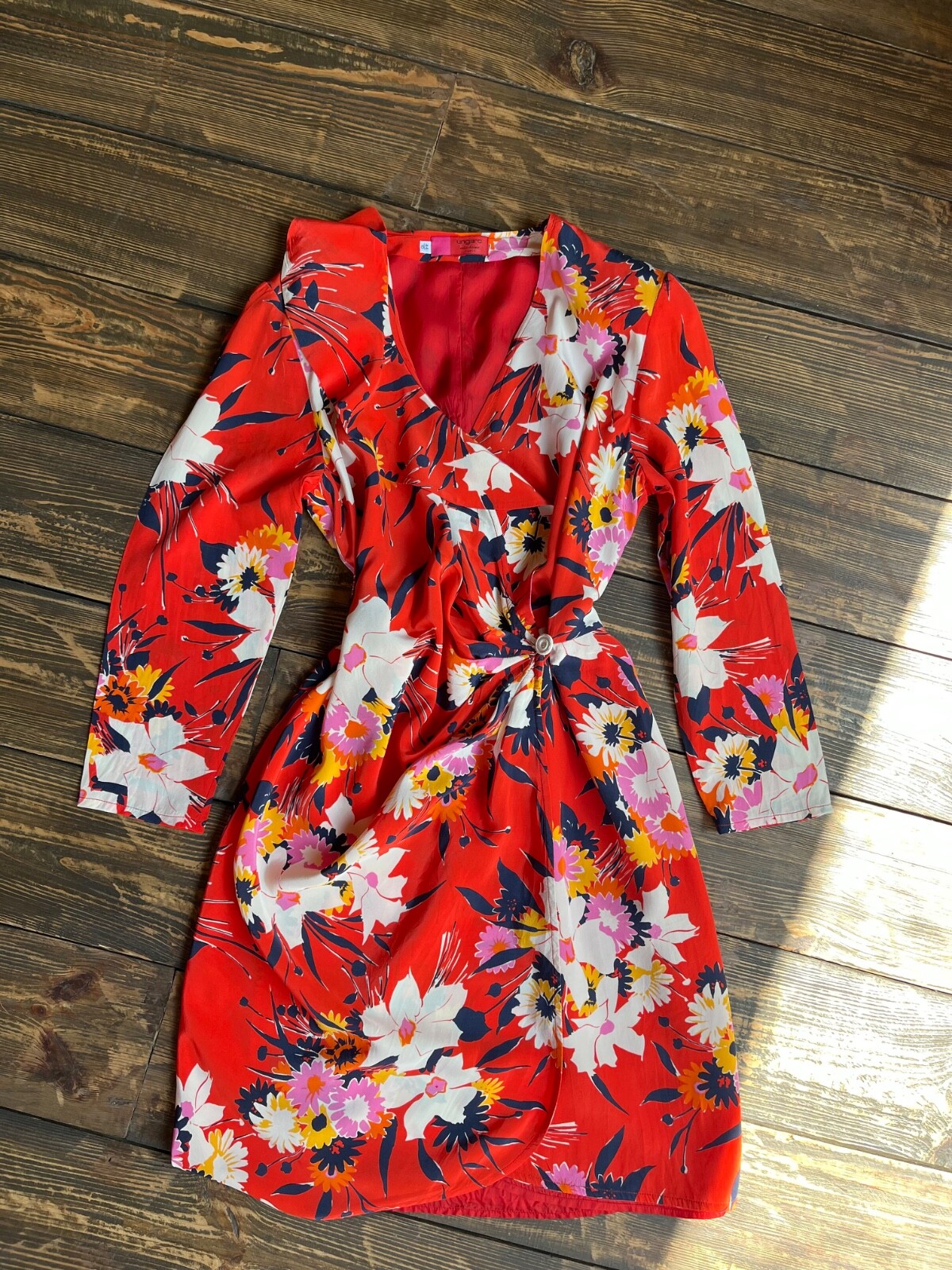 Vintage Emanuel Ungaro 1980s Red Floral Silk Wrap Dress Made in Italy – 44/10/M