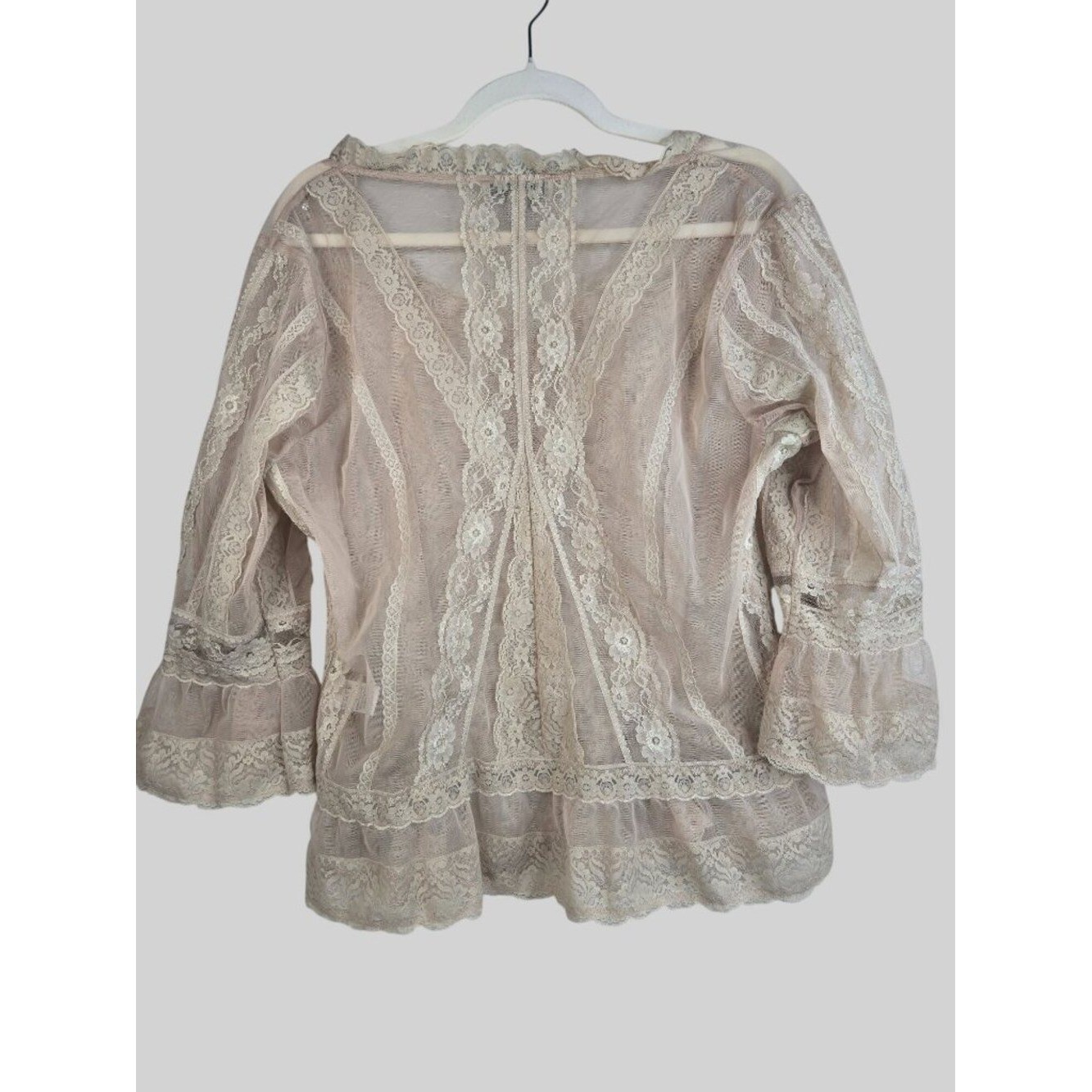 VTG Lacey Ruffle Blouse Tan Sheer Floral Lace Bell Sleeve Top Victorian Coquette