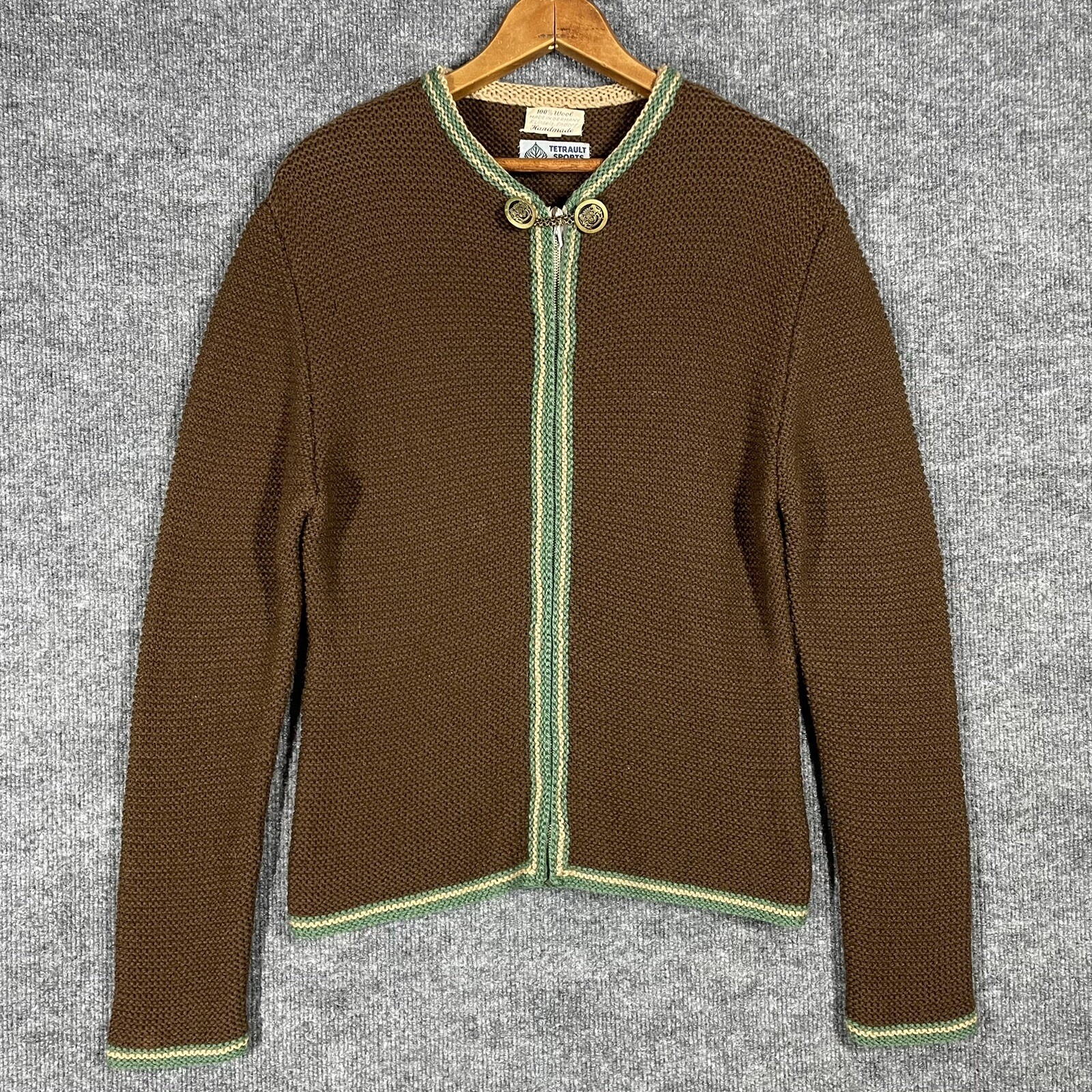 VINTAGE 50s 60s German Wool Sweater Cardigan Women Sz 44 Brown F. Linseis Endorf