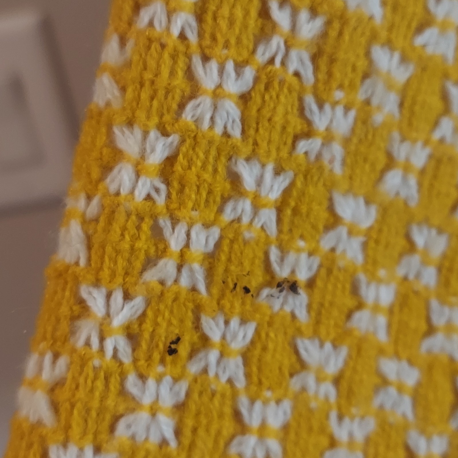 Vintage Crochet Fringe Poncho (stain) Yellow Cream Button Up Arm Holes Union