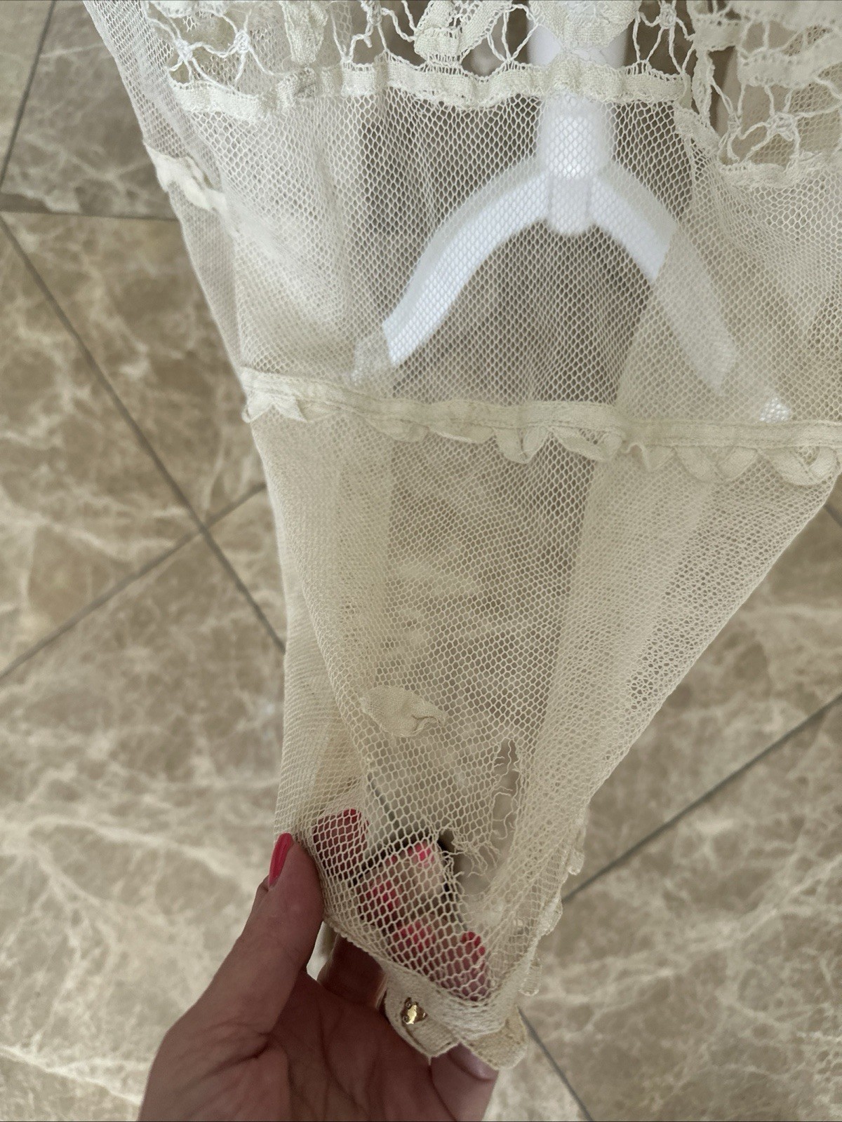 Early 1900s Ivory Hand Embroidered Crocheted Net Lace Drop Waist Dress Small