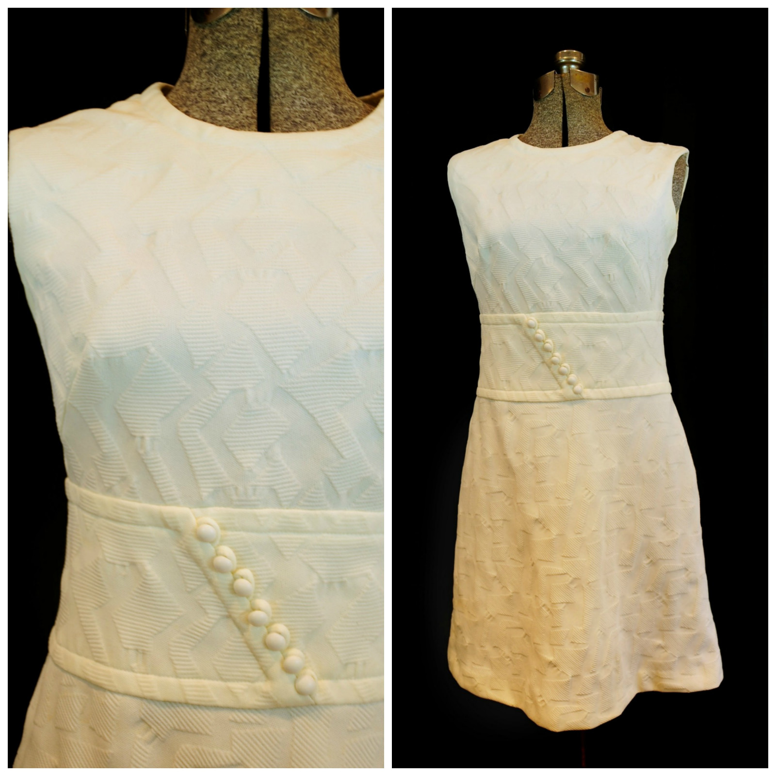 Vintage 60’s 70’s Ivory Poly Shift Dress XS Textured Poly Decorative Waistband